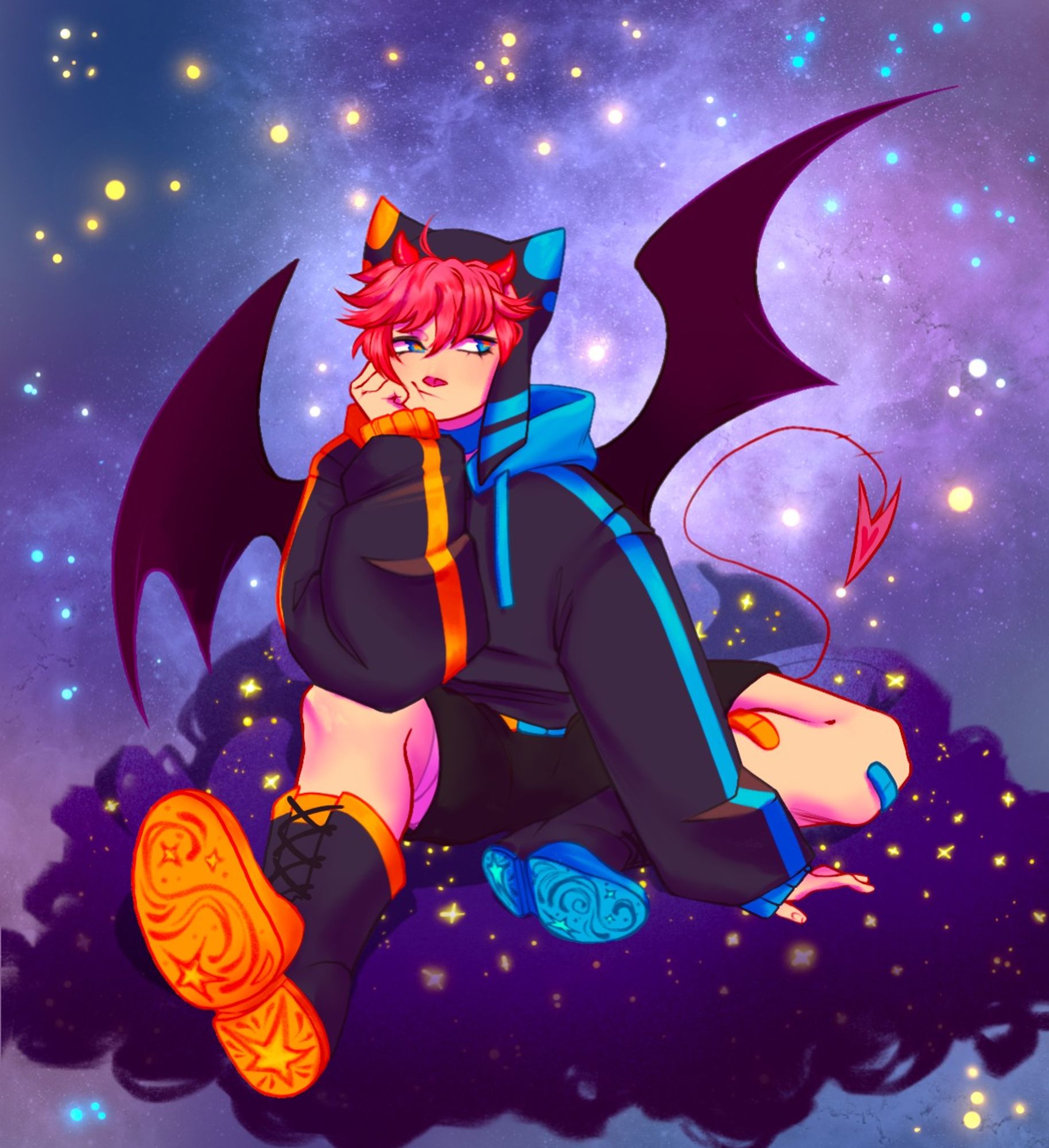 Artfight attack from 2023. Character belongs to Ryodso on Twitter. A winged boy in a large striped black jacket sits on a galaxy cloud. His outfit has orange accents on the left side, and blue on the right. He has band aids littering his body, and looks bored.