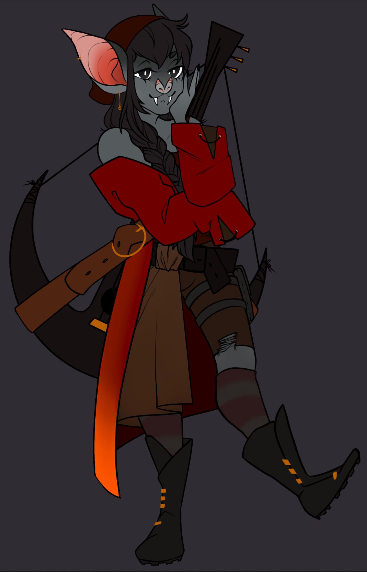 Character belongs to @lordofgourd. An anthro vampire bat bard. She has an axe guitar strung across her with a large belt. She wears a beanie, and a red jacket. Her hair is done in twin braids. She stands with one foot kicked up, looking mischievous.