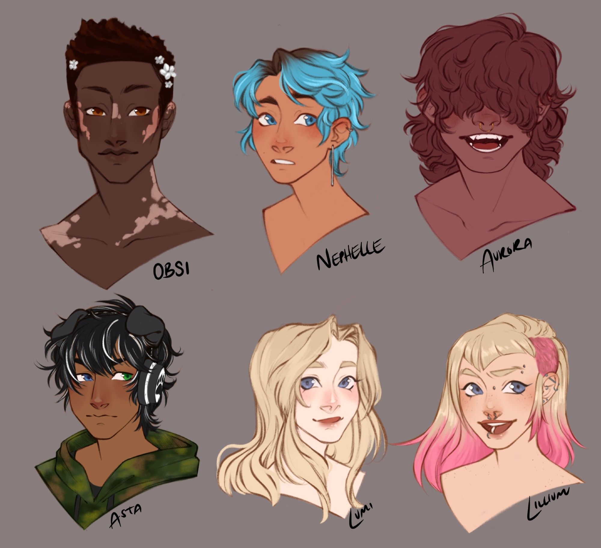 6 headshot drawing of my DND party. Obsi, Nephelle, Aurora, Asta, Lumi, and Lillium.