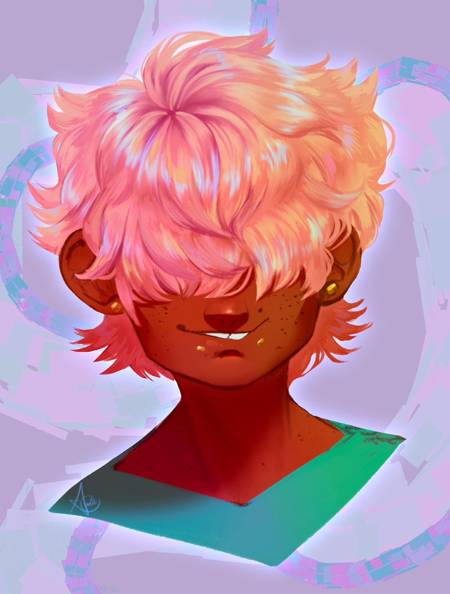 My OC BamBam. His pink hair covers his eyes, he has brown freckley skin and gold snake bites. Background is lilac abstraction.