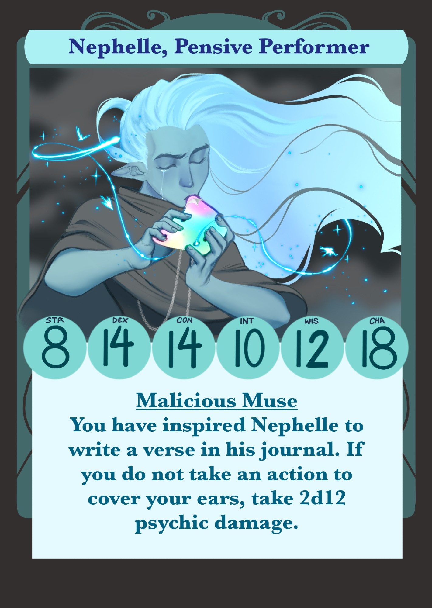 Nephelle, an air genasi bard. He has blue/gray skin and flowing blue hair. He plays an ocarina.