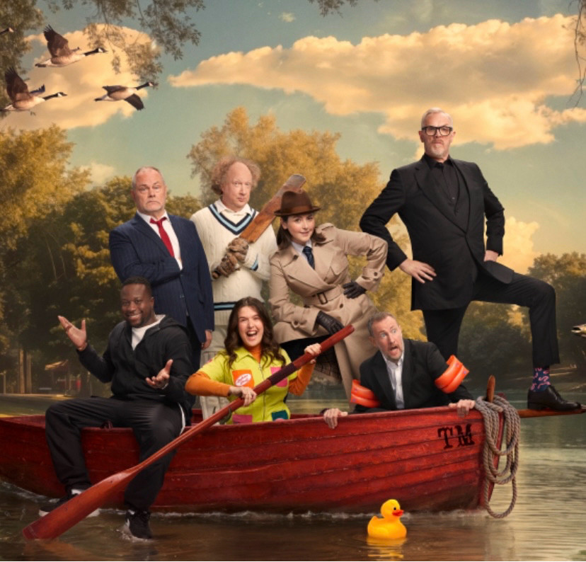 The Taskmaster cast on a rowing boat