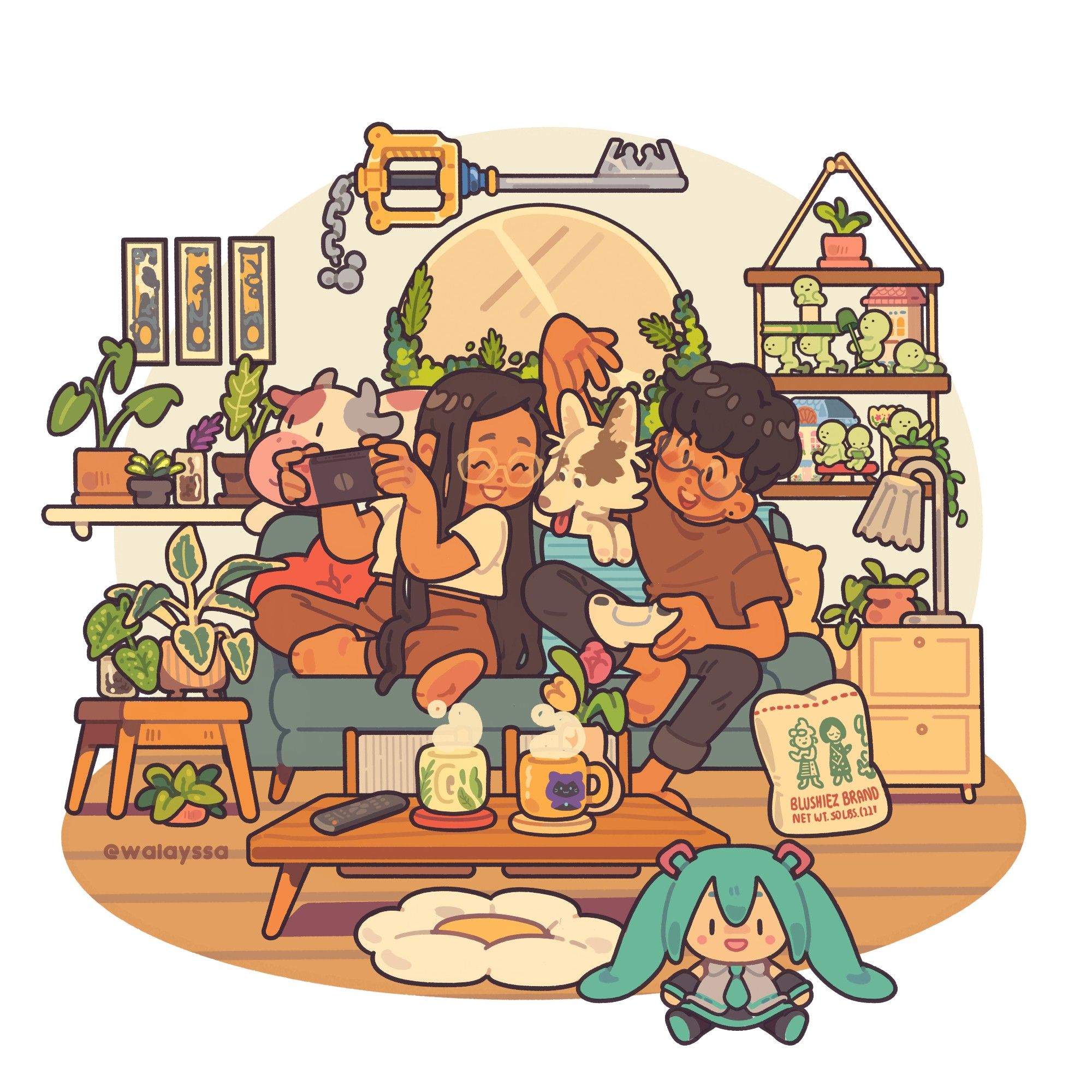 Illustration depicting a couple in their cozy, warm toned living room. They are happy and playing with their puppy - a round eyed white and brown spotted dog, with it's silly tongue out. They are surrounded by plants and playing video games.