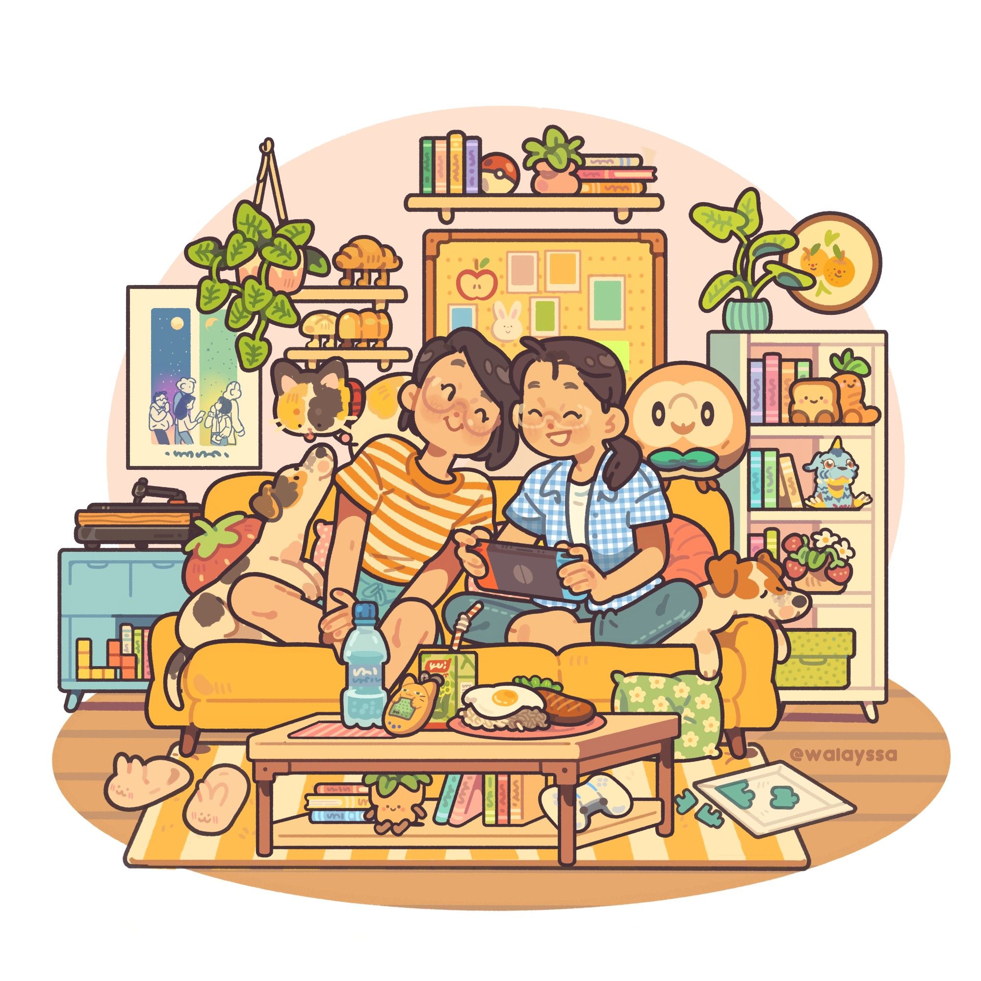 Illustration depicting 2 girlfriends sitting on the couch together; one is leaning lovingly on the other, who plays her Nintendo Switch, smiling. On each of their sides, their dogs: two 2 jack russels, and they also have a cat, who looks down, from the top of the couch, at one of the doggos. They are all surrounded by loved items, plants, and record player.