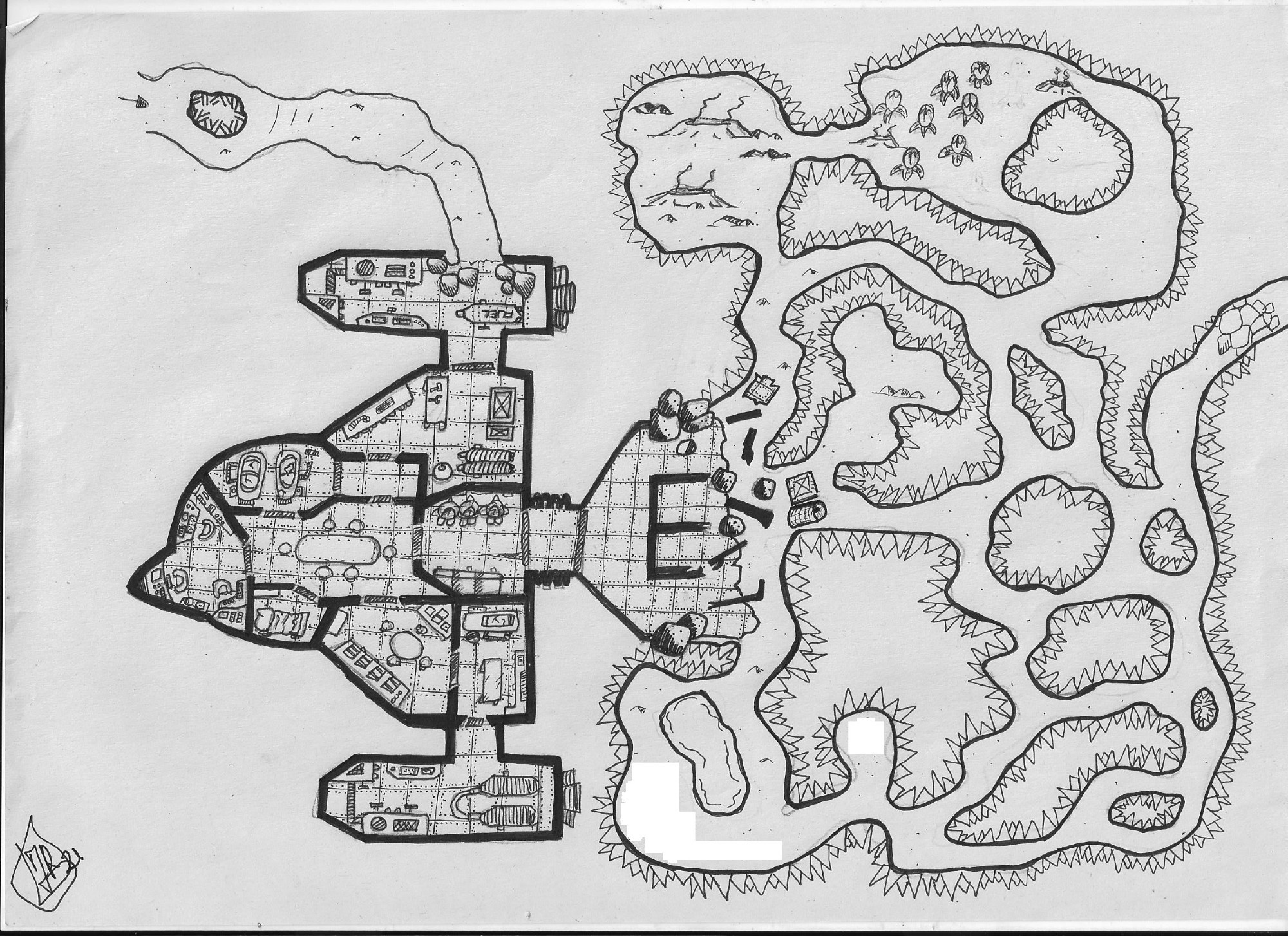 Mapa de una nave estrellada que lleva al interior de una cueva