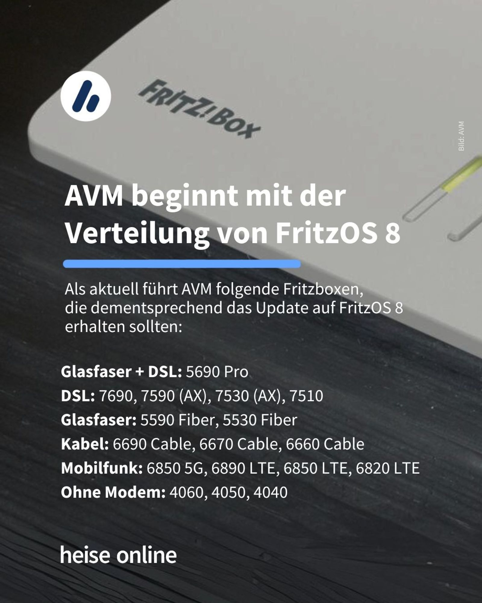 Auf dem Bild sieht eine Fritzbox. In der Überschrift steht: "AVM beginnt mit der Verteilung von FritzOS 8" dadrunter steht: "die dementsprechend das Update auf FritzOS 8 erhalten sollten: Glasfaser + DSL: 5690 Pro
DSL: 7690, 7590 (AX), 7530 (AX), 7510
Glasfaser: 5590 Fiber, 5530 Fiber
Kabel: 6690 Cable, 6670 Cable, 6660 Cable
Mobilfunk: 6850 5G, 6890 LTE, 6850 LTE, 6820 LTE
Ohne Modem: 4060, 4050, 4040."