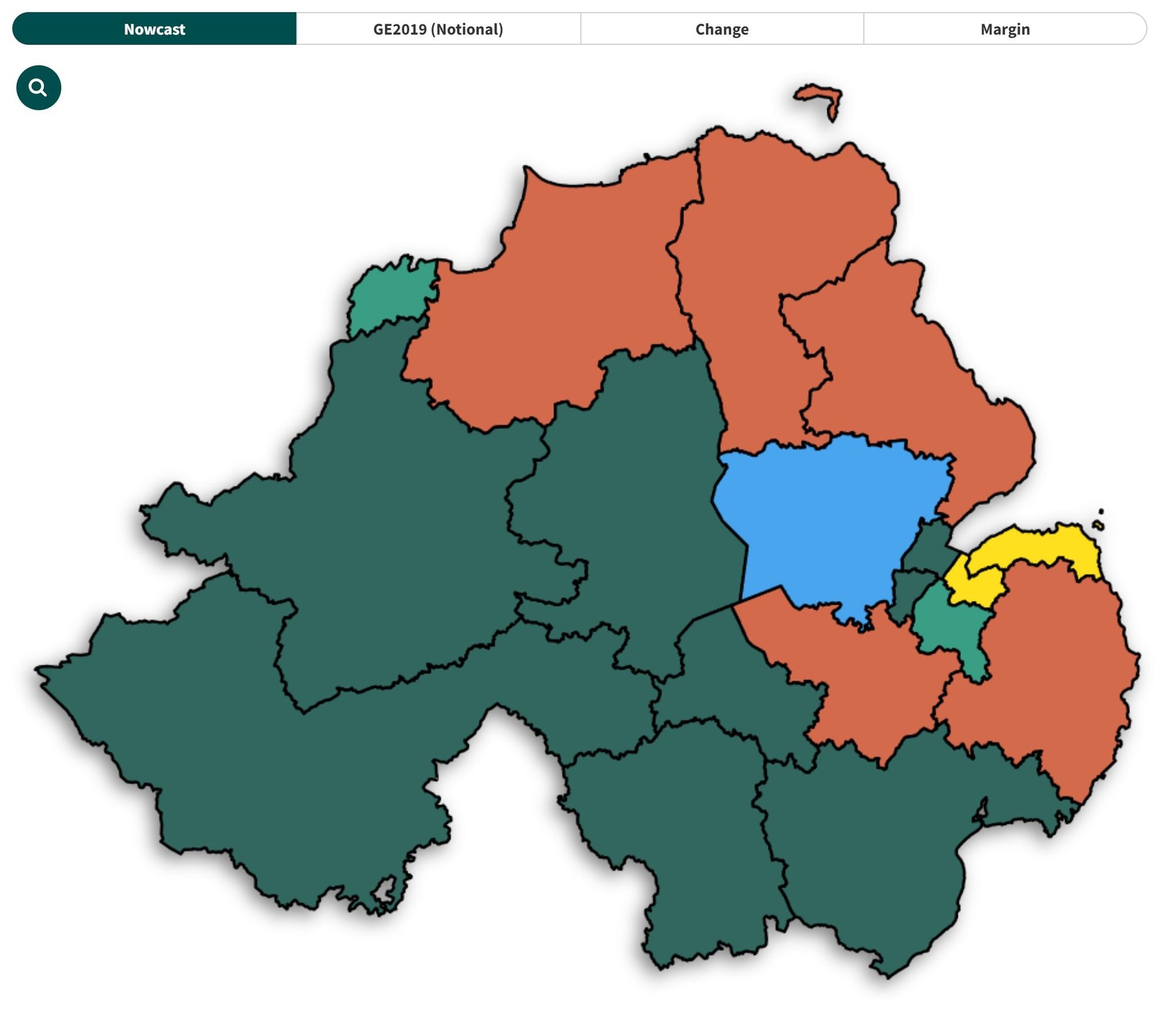 Screenshot of the constituency results predicted by Elections Maps UK's nowcast. Constituencies are coloured according to winning party colour.

In the picture the constituencies of East Londonderry, North Antrim, East Antrim, Lagan Valley and Strangford are won by the DUP. North Down and East Belfast are won by Alliance. Foyle and Belfast South & Mid Down are won by the SDLP. South Antrim is won by the UUP. All other constituencies are won by Sinn Fein.