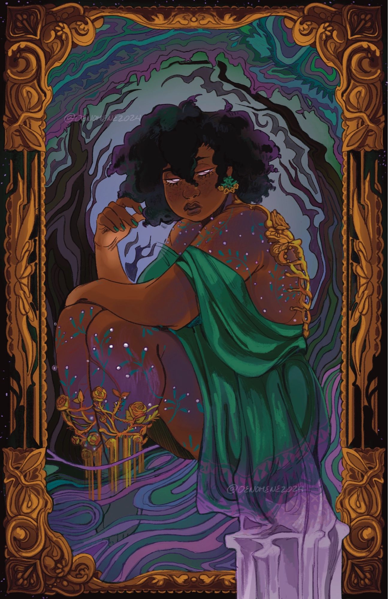 Full body illustration. A Black woman character in a draped gown,in an abstracted background. An ornate frame surrounds the woman and the background.