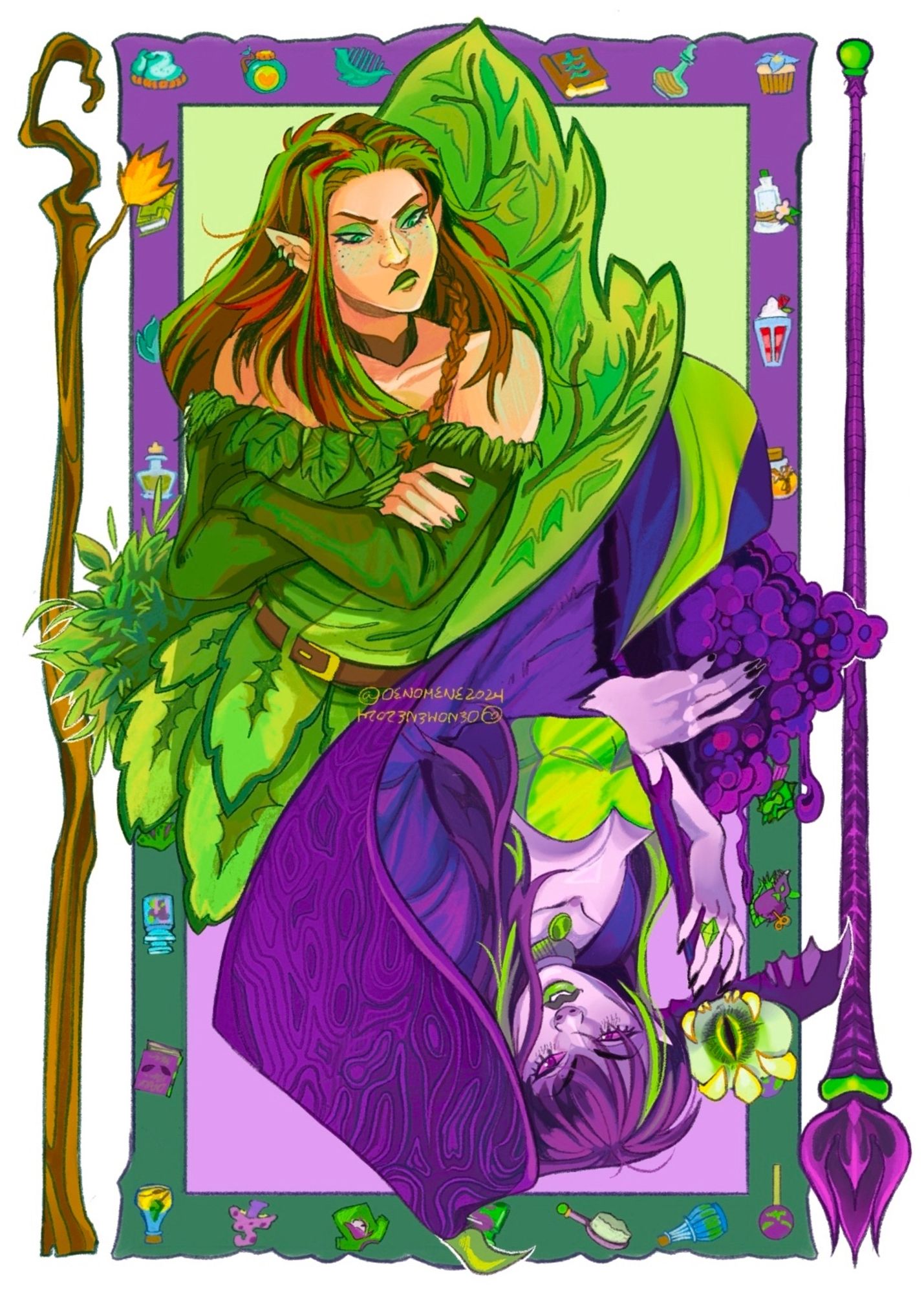 Illustration. Illusen and Jhudora from the online game Neopets on opposite sides of the canvas, drawn in a way that resembles the design of a playing card. Illusen and Jhudora are looking at each other with some contempt. Illusen is surrounded by rewards that can be received after completing her quests, and Jhudora is also surrounded with her reward objects in the same way. Their staffs are drawn on opposite sides of the canvas as well.