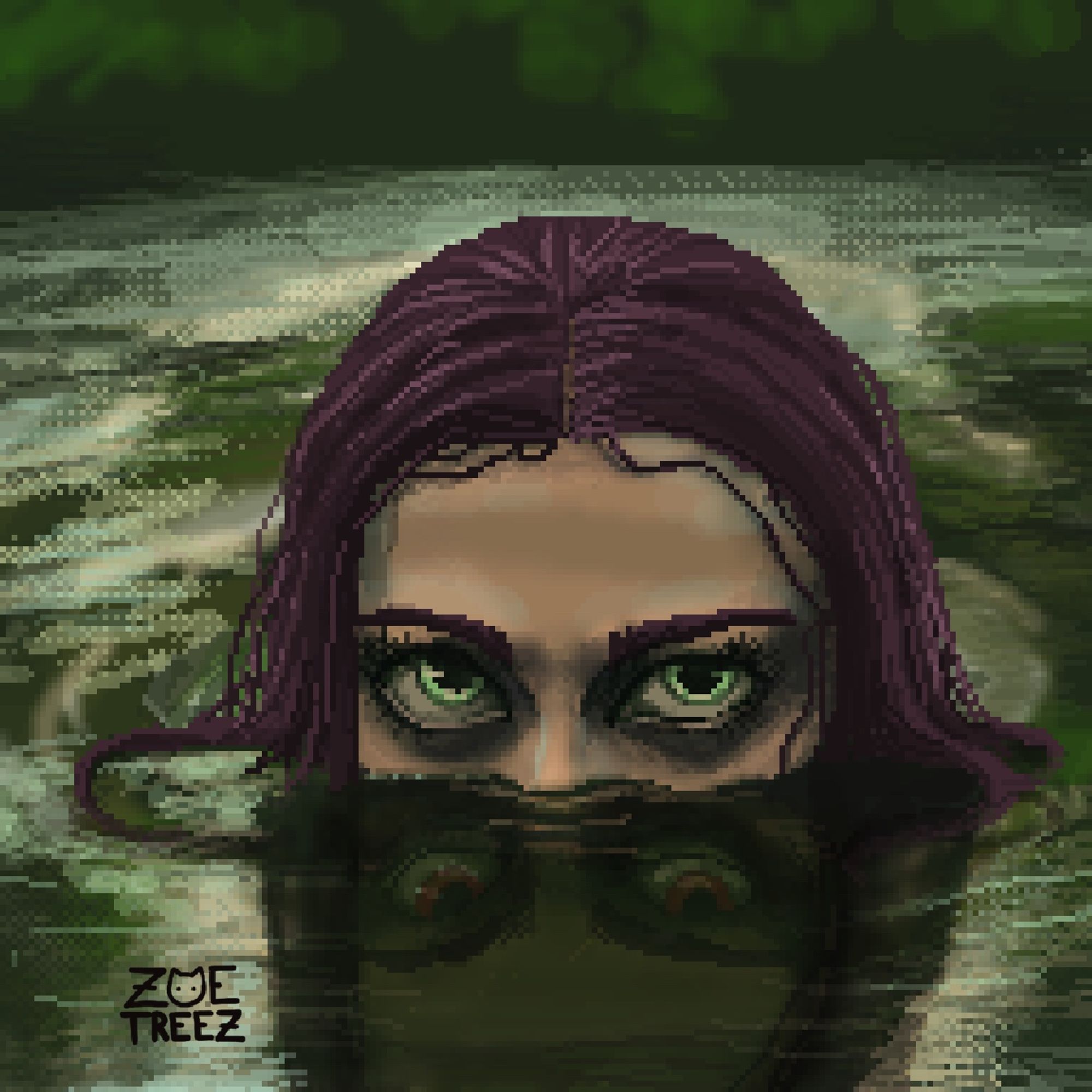 Pixel Art Illustration by Zoë Treez - 2024

a femme figure with wide green eyes floats in swampy, murky green water, staring at the viewer. in the figures reflection shown in the water she lurks, their eyes reflect back red instead. 

made in pixquare on ipad