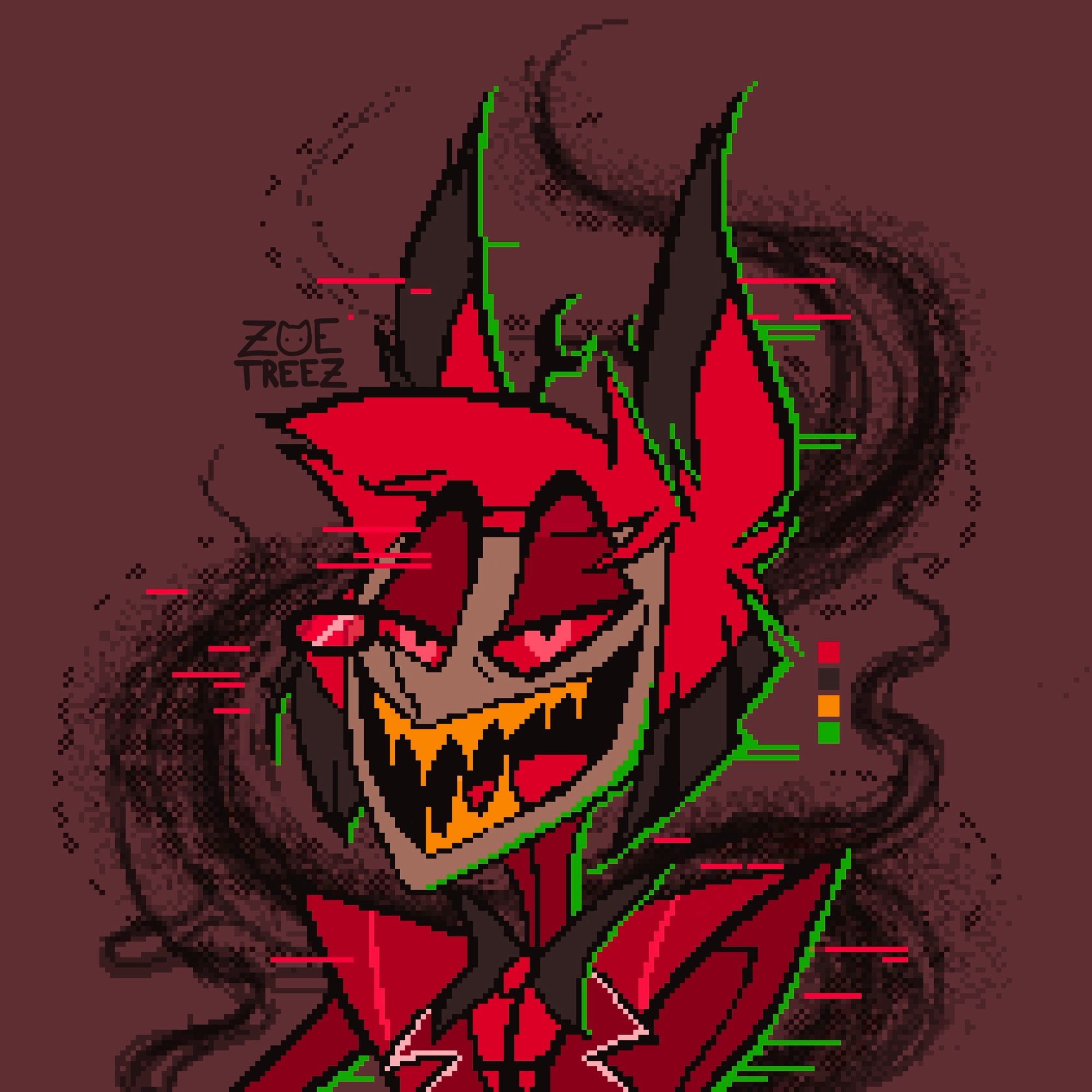 Pixel art by ZoeTreez - 2024 

The pixel art is of the character, Alastor from Hazbin Hotel. A series on Amazon Prime. Alastor is a grimacing demon with dear like ears and small antlers. He has a monocle and sharp yellow teeth. Alastor is a radio demon so he’s drawn with green and red glitch marks