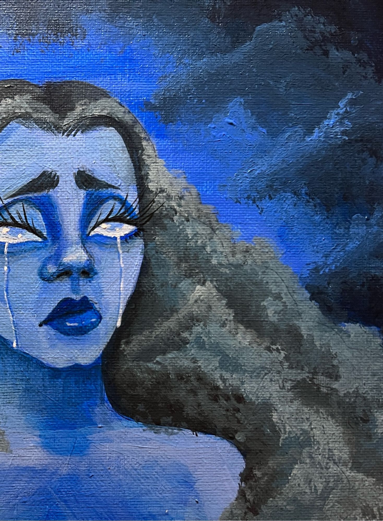 Acrylic Painting by ZoeTreez 

Crop to a close up of the right of the canvas. 
A mostly blue acrylic painting on a canvas. The painting is of a blue femme character. The blue femme character has a long, wispy eyelashes and heavy eyes. The figures hair is stormy and textured like the clouds in the background. Her eyes resemble raindrops within the clouds. Her expression is of a pouted lip and raised brows.