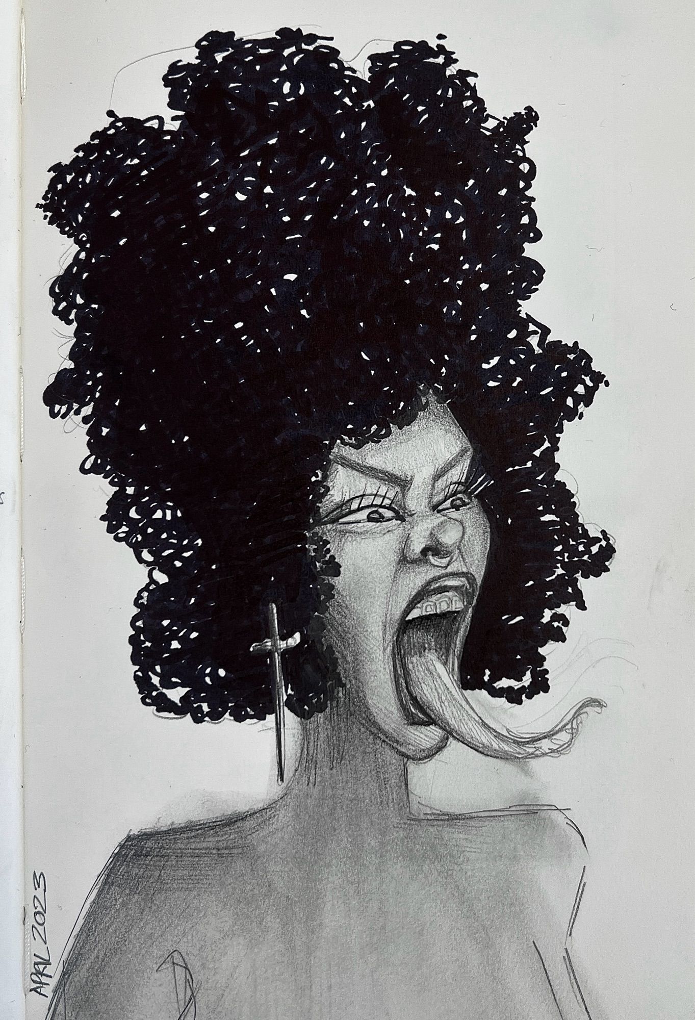 Sketch Illustration by ZoeTreez 
graphite & marker - April 2023

Subject is a woman with a large Afro and a sword earring. Her mouth is stretched open wide with a long tongue slithered out. Her face is scrunched by the expression