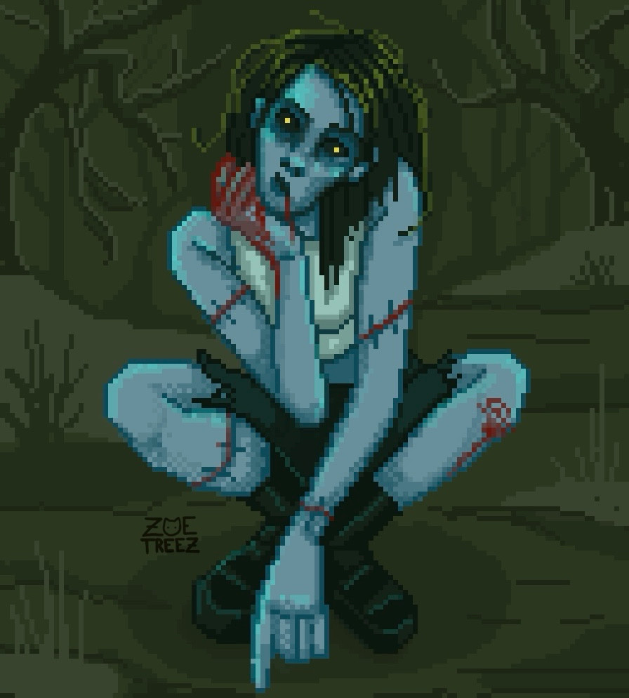 Pixel Art Illustration by Zoë Treez - 2024 

a bluish zombie undead figure is crouched to the floor. they have sown limbs, a bloody hand and some piercing glowing yellow eyes. the background consists of a cascading dark forest 