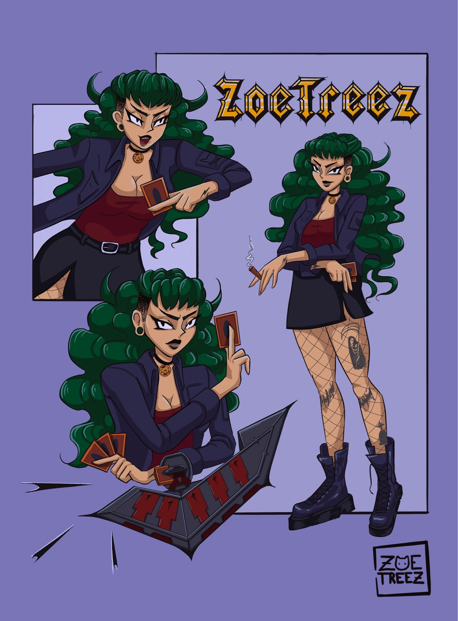 original illustration by ZoeTreez -2024

illustration is of Treez’s original Yu-Gi-Oh! character she designed based on herself. The illustration features three different poses. Top left is the character in action with a YGO card between her fingers. Bottom left has a duel disk (original design) and cards out ready to play. To the right is a full body drawing of the character: in fishnets and big boots. The text above reads “ZoeTreez” in a YGO logo font slightly altered to look pointy and mimic the character design aspects of the OC