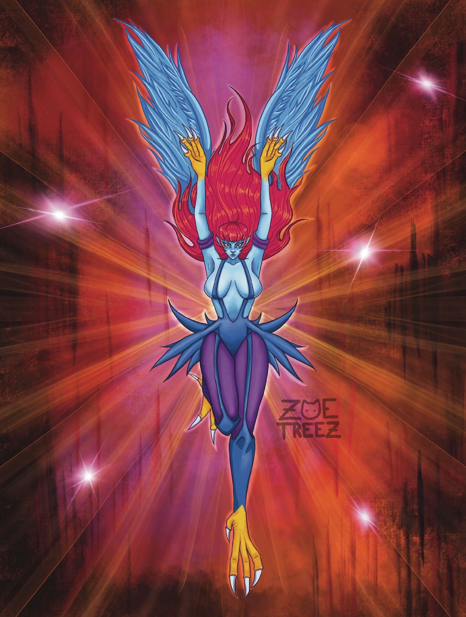 digital illustration by Zoë Treez -2024 

on a orangish sunburst, colorful background, a harpie lady is draw with her arms up, and wings flaired above her head. The harpie lady has flowing magenta hair, yellow talons, and a blue and purple body suit. there are small pink sparkly light flairs around her and a subtle glow around her edges
 
this was drawn in procreate. all original design and art