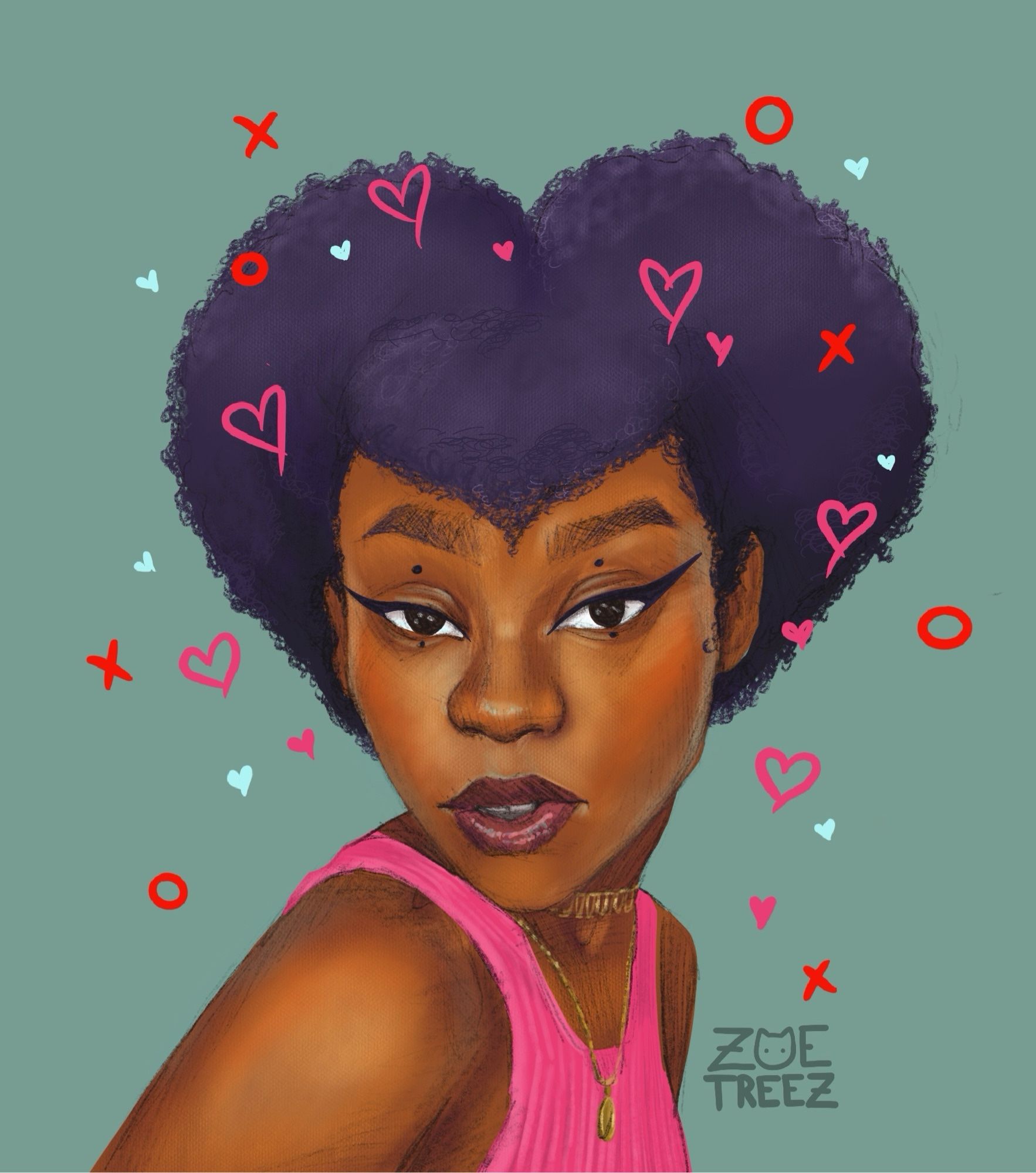 Digital Art Illustration by Zoë Treez - 2024

Drawing subject is of a black creator, Solar. Their afro is styled in a vintage heart shape and drawn in a deep purple shade. Her skin is drawn to look illuminated and glowy. She has small chain necklaces on and a pink top. Drawn around the woman are hearts, X’s and O’s. Her eyes are very sweet and soft.