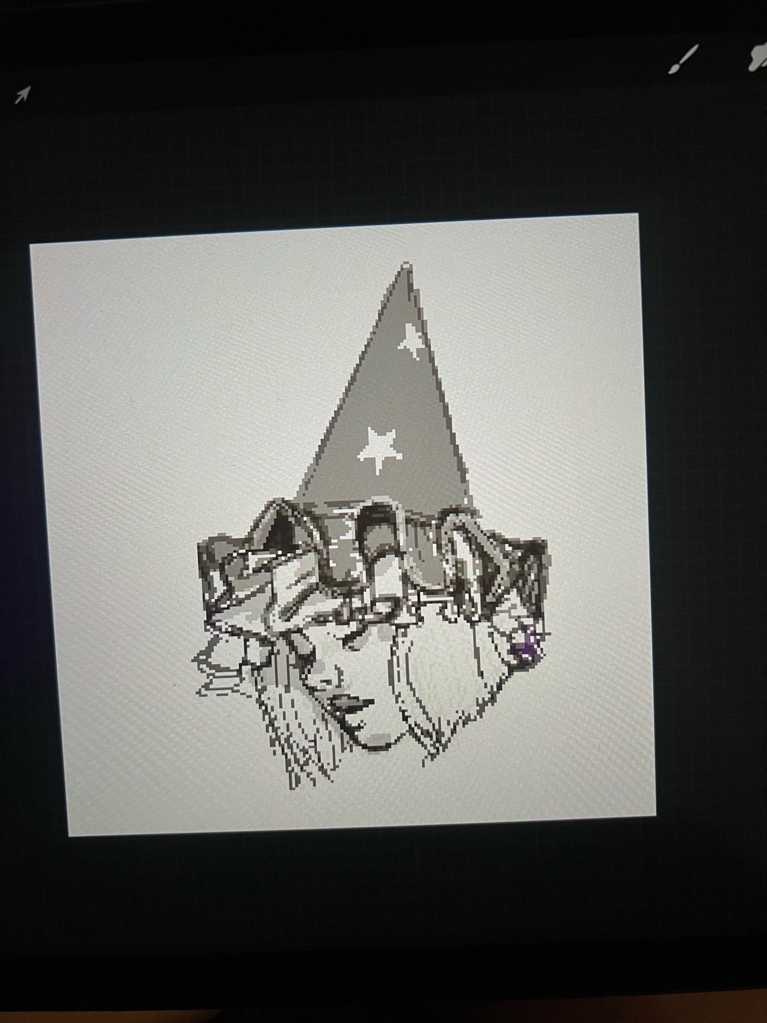 pixel sketch illustration by Zoe Treez - 2024

a witch head drawn with a pointy witch hat with a ruffled brim and stars