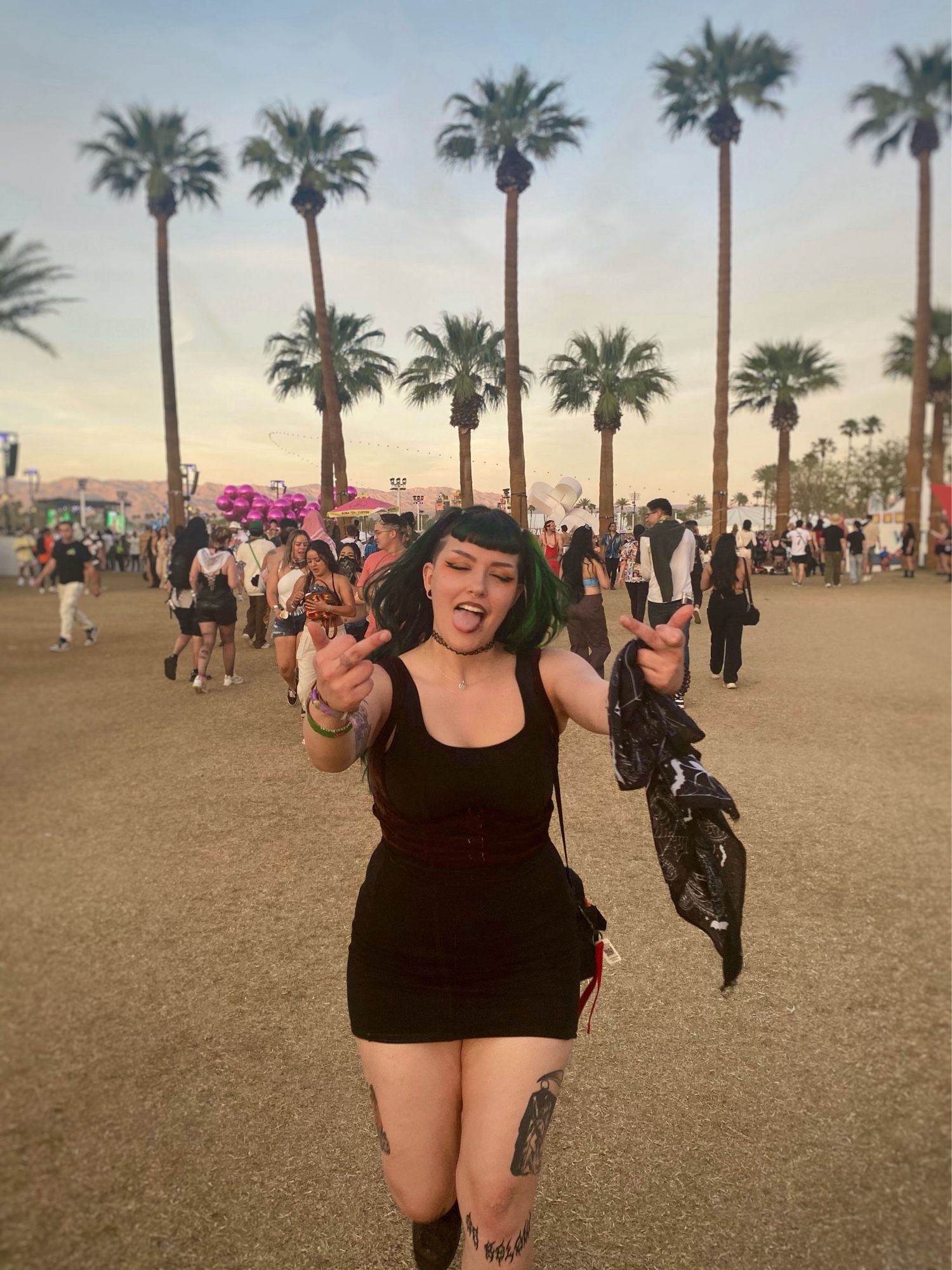 Picture of Treez at Coachella. They’re running towards the camera with their middle fingers outstretched to the camera. She’s wearing a lil black dress and brown corset//harness. She has her tongue out and is holding a handkerchief decorated with spider webs and bats