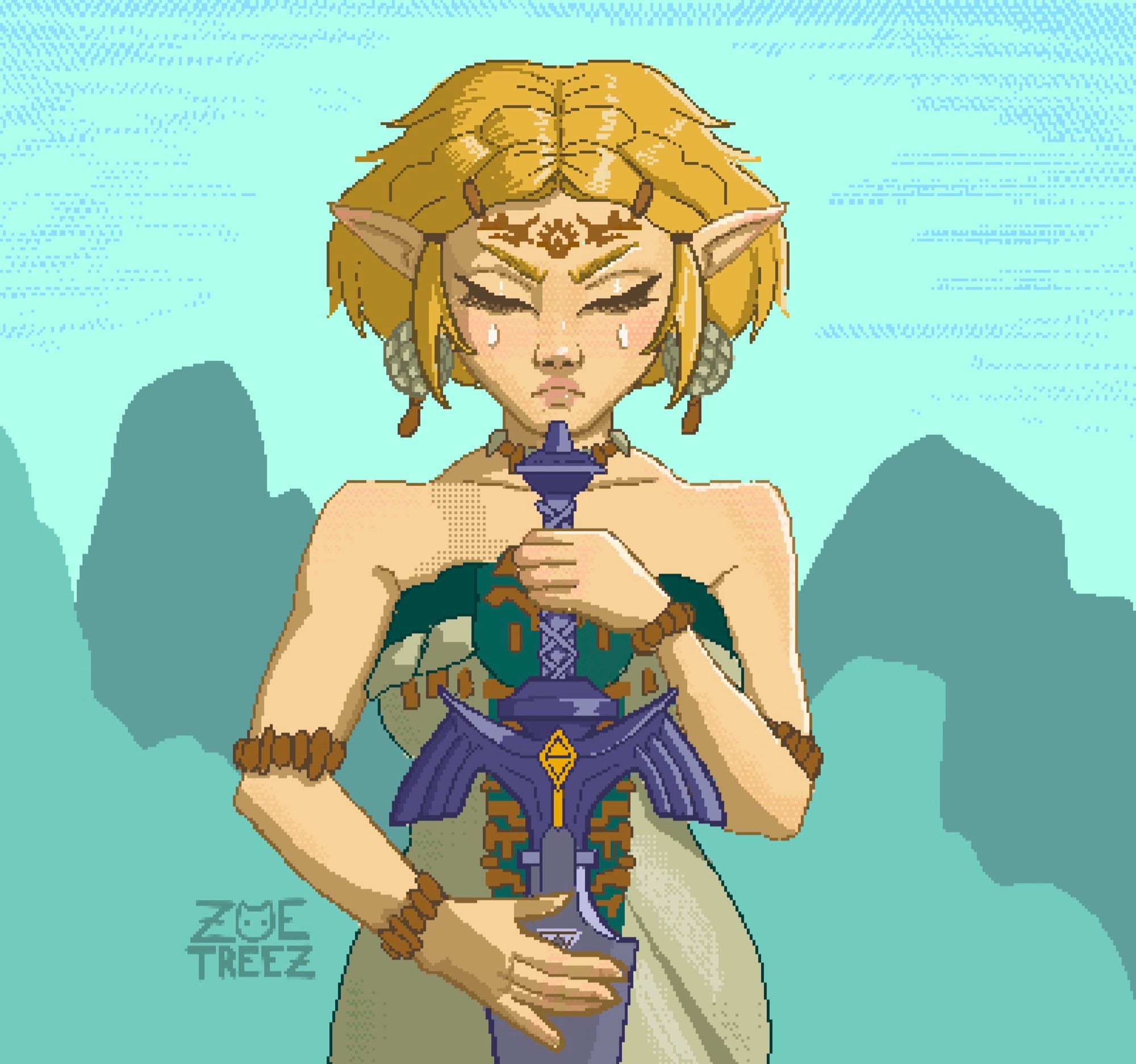 Pixel Art by Zoë Treez - 2023

Zelda, from the Legend of Zelda Game, Tears of the Kindom. She has short hair, tear drop shapes on her cheeks and her eye are closed. She hold the master sword close to her