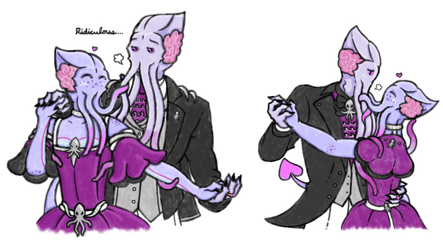 Art of the Emperor and an illithid Tav dancing together. They are wearing ensembles in the colors of the asexual flag, with squid-head shaped adornments. Tav looks happy and the Emperor is sighing, calling them ridiculous.