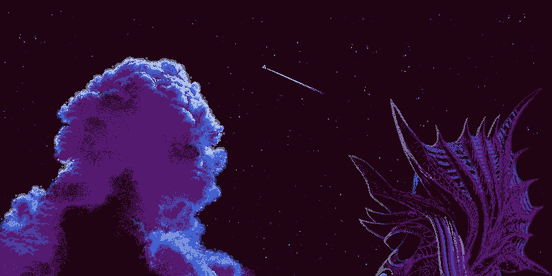 4-bit pixel art in a purple and blue palette of the Emperor from Baldur's Gate 3 stargazing. One large cloud and a single distant shooting star are in view.