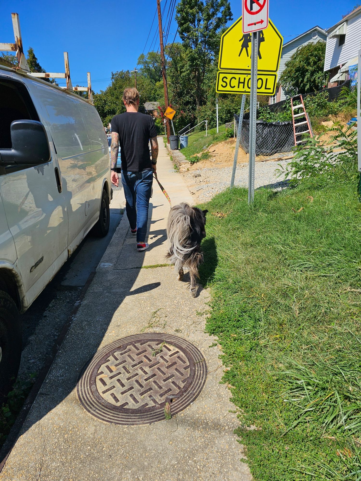 A man walking a fluffy dog from the back.