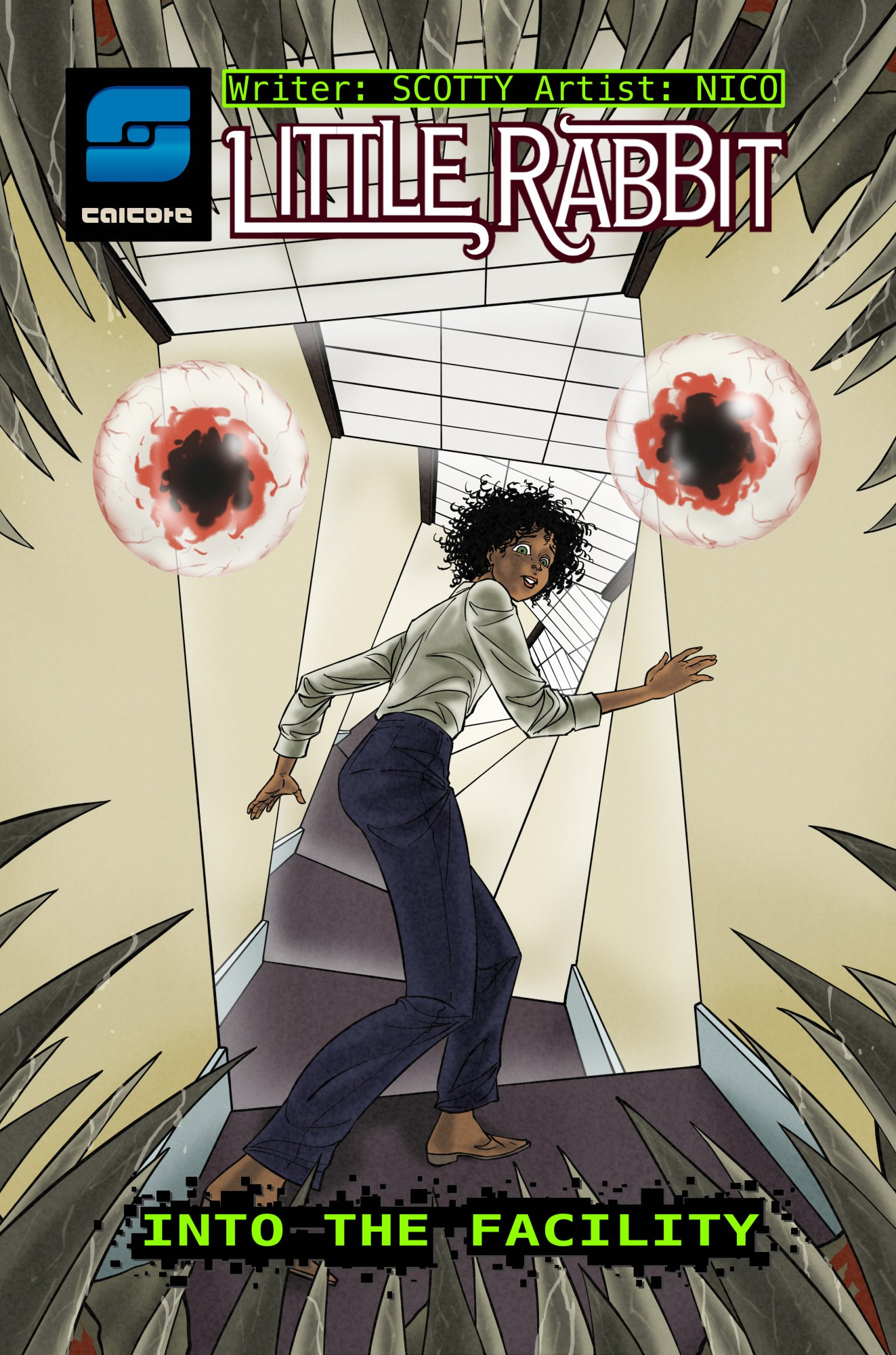 The Cover of a Comic book Titled Little Rabbit. 

Written By: Scotty Calcote (Puppet Proctor) With Art By: Nico

Sub Title: Into The Facility

The Art features a tanned PoC Woman in smart casual attire turning to face the viewer, her expression one of shock, framed by her tightly curled natural hair.

The background in a twisting, almost endless looking multi-sectioned corporate hallway. Sterile and suffocating as it twists segment by segment away from her. 

The foreground features a framing of sharp, monstrous teeth  giving the effect of a creature we cannot see lunging towards the woman, two large and evil eyes seem to float ominously above her, gazing down with a bloodshot intensity. 