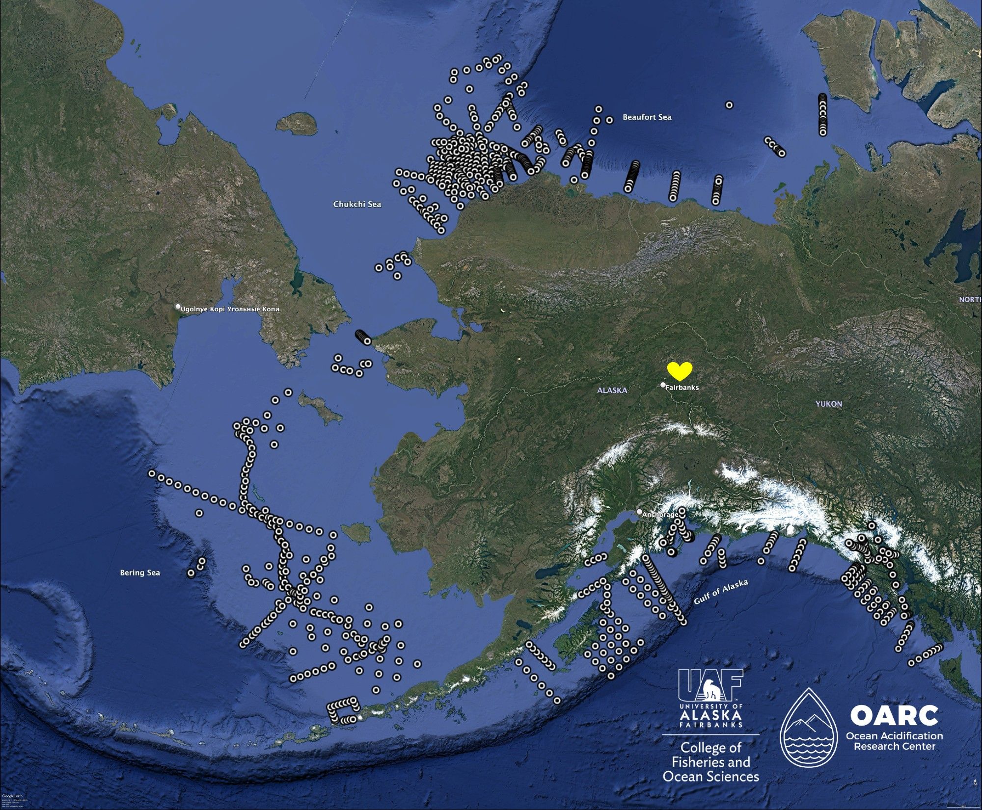 Map of oceanographic research stations visited around Alaska.