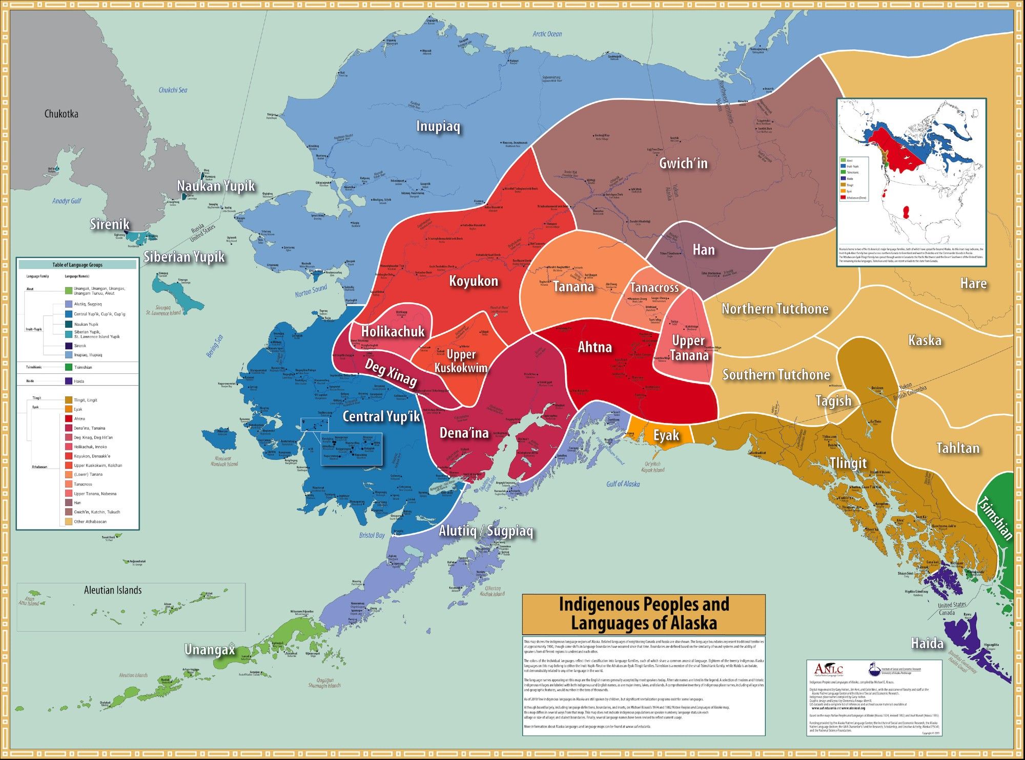 Krauss, Michael, Gary Holton, Jim Kerr, and Colin T. West. 2011. Indigenous Peoples and Languages of Alaska. Fairbanks and Anchorage: Alaska Native Language Center and UAA Institute of Social and Economic Research.