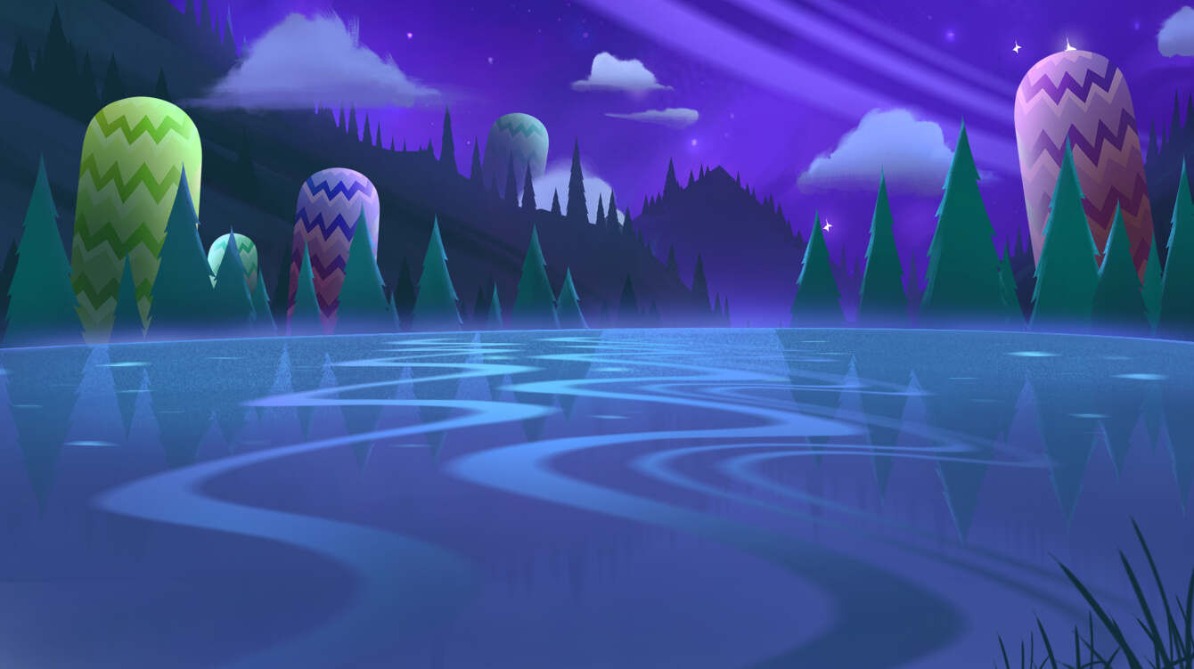 A night time landscape of a lake from the show #inanimateinsanity.