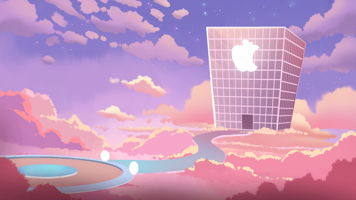 A large square building up in the clouds.  Lots of pink clouds.  Done for #inanimateinsanity