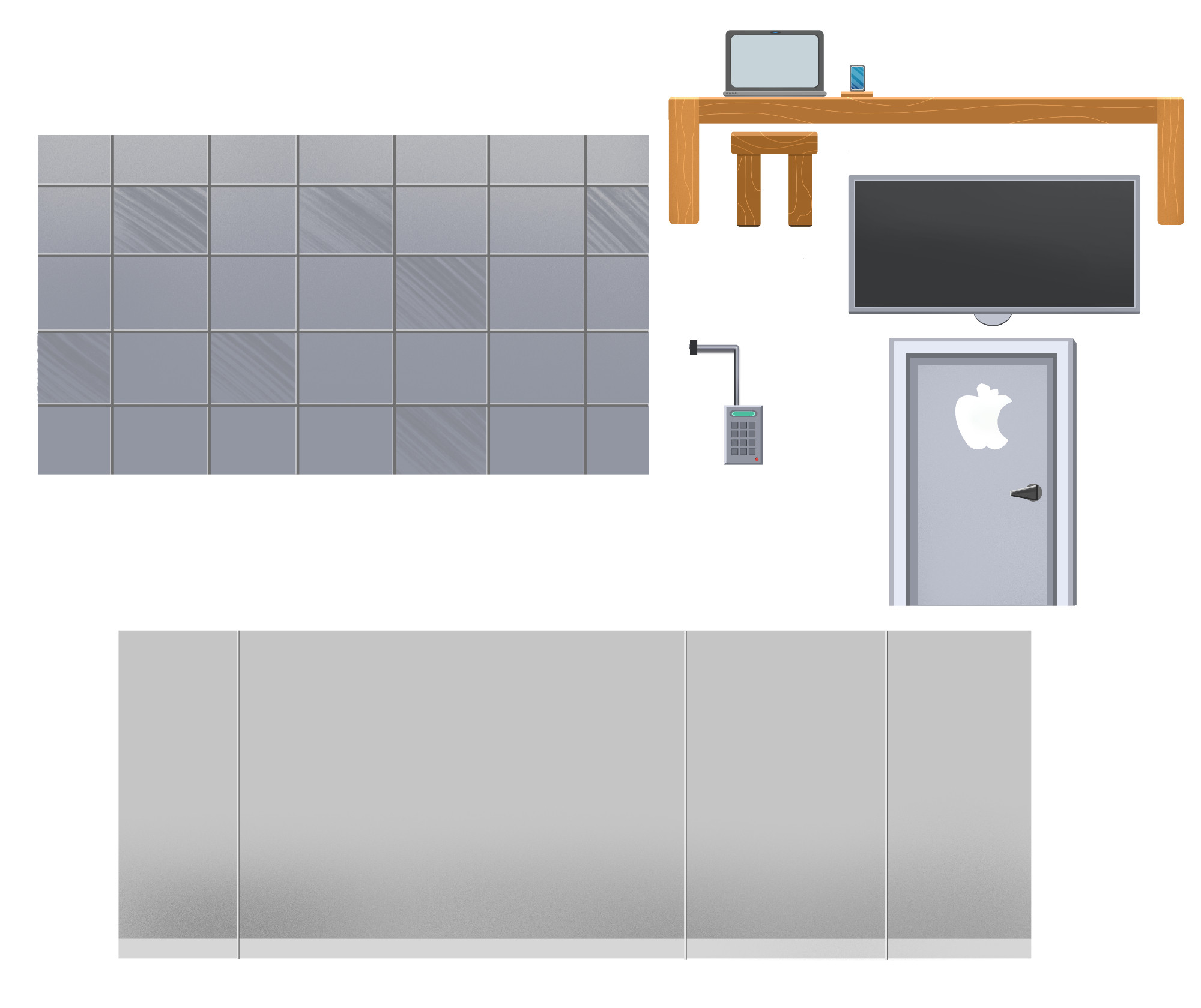 One of the asset pages with walls, floors, and tables used in #inanimateinsanity .  This page is for Meeple headquarters.
