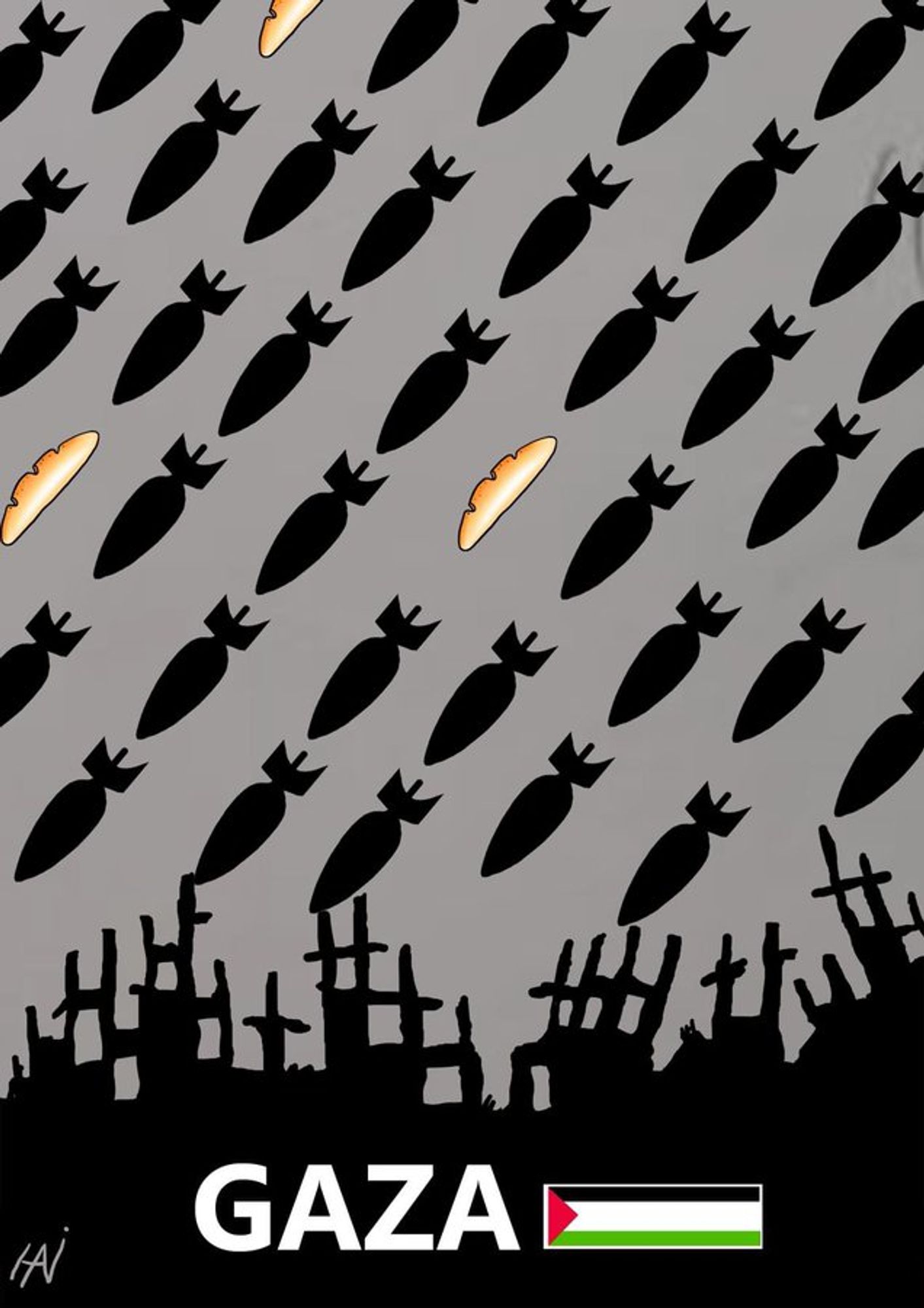 Graphic shows both missiles and loaves of bread falling on Gaza