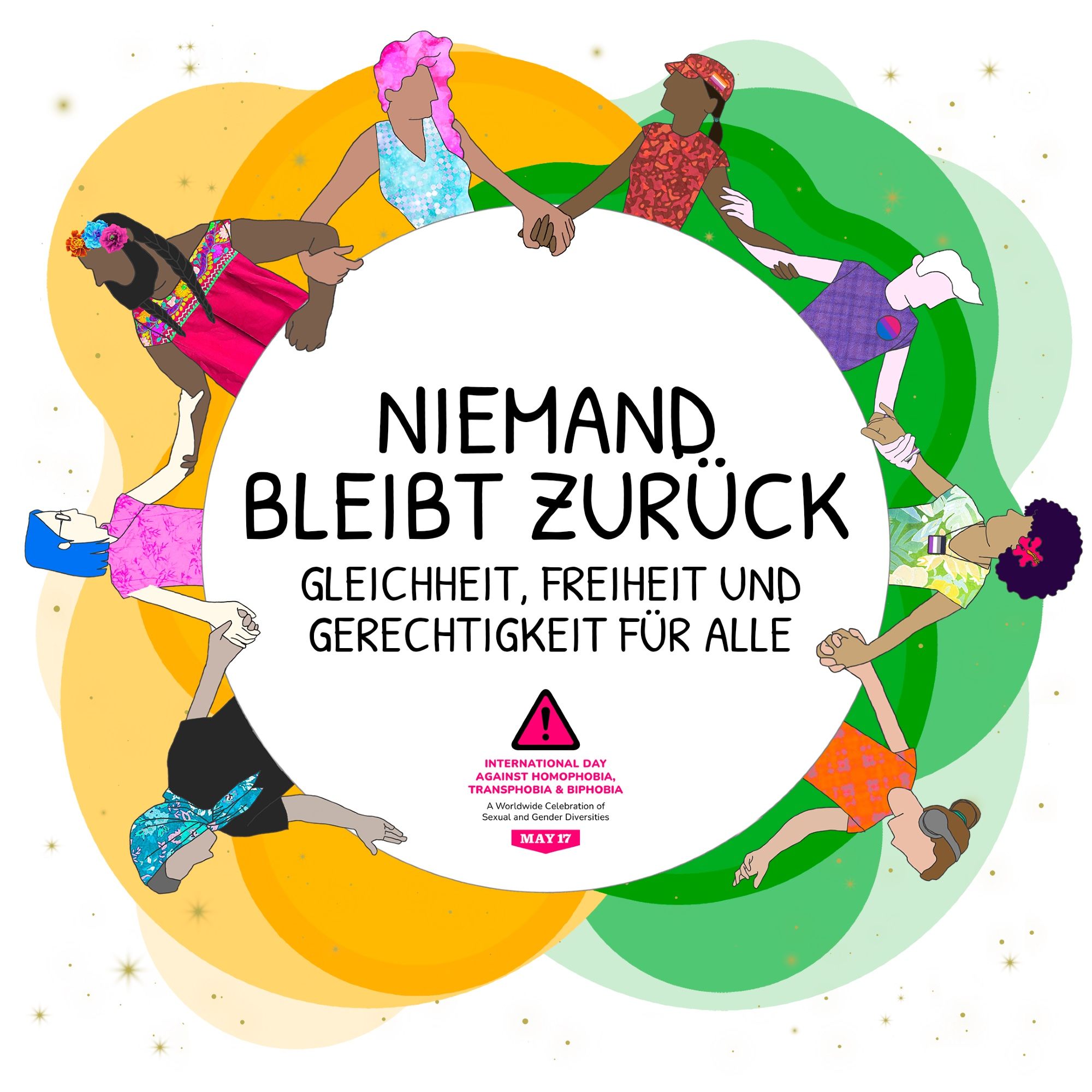 IDAHOBIT Grafik "Niemand bleibt zurück" mit diversen gezeichneten Menschen drum herum