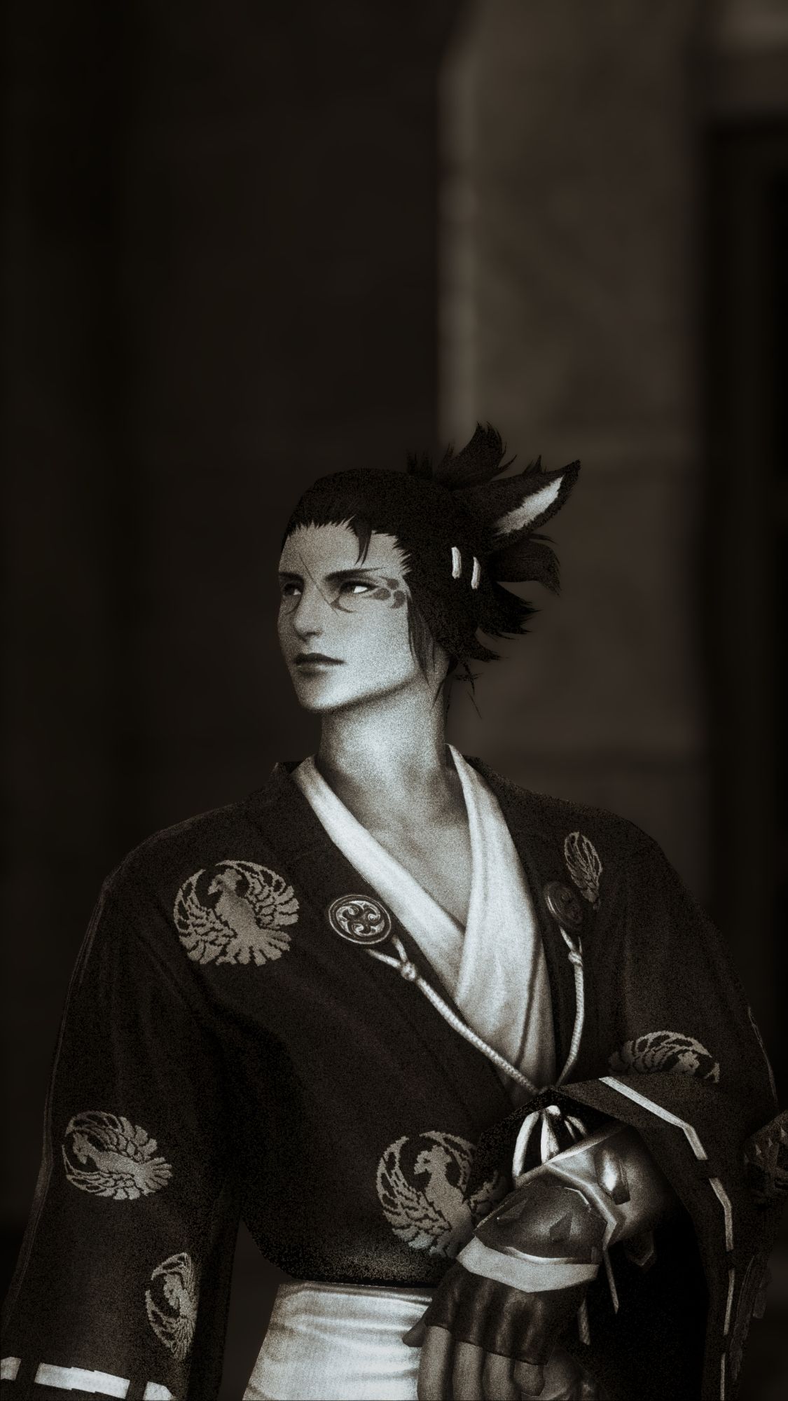 monochrome portrait of a male miqo'te from ffxiv dressed in a japanese style top.