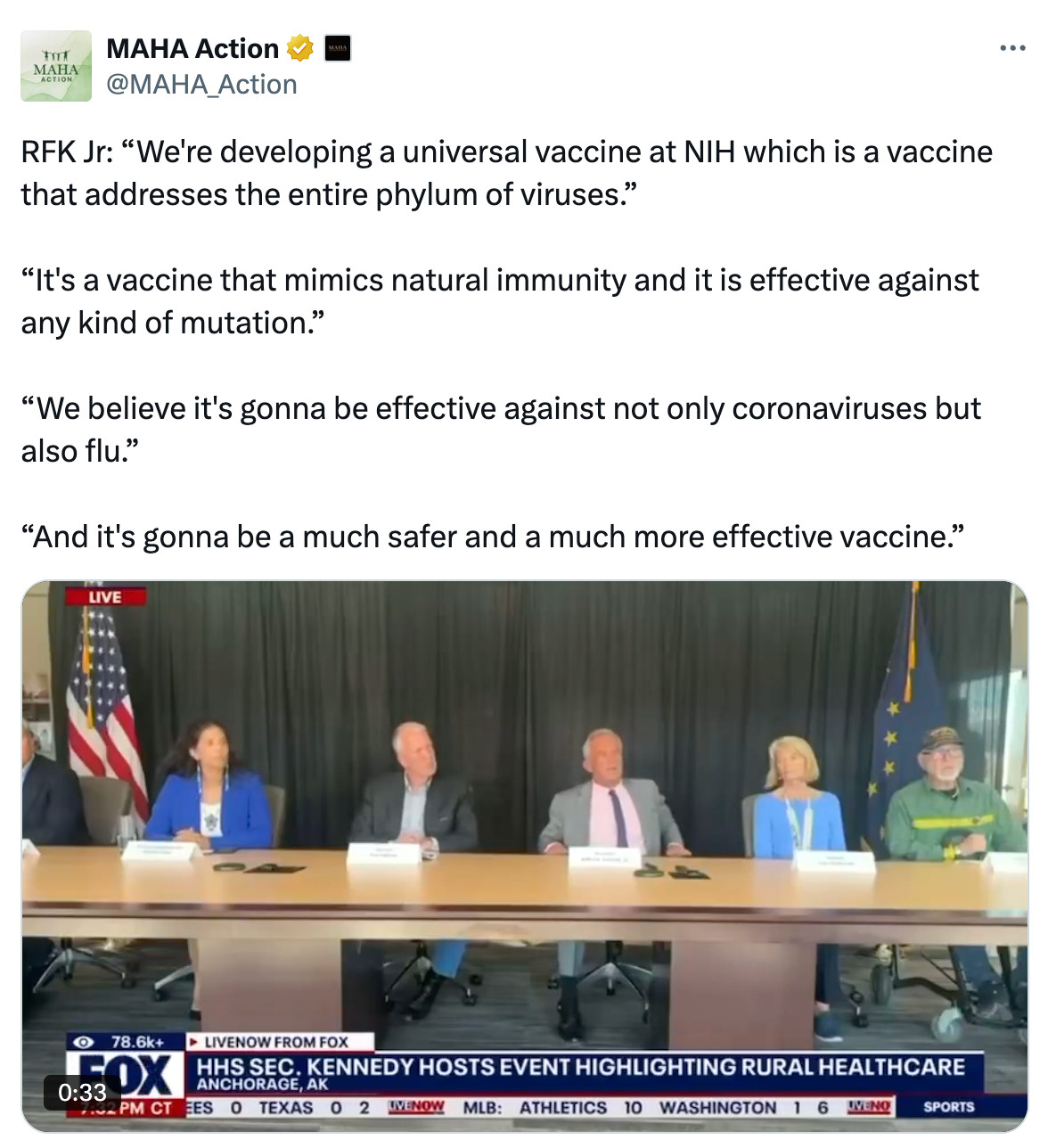 RFK Jr: “We're developing a universal vaccine at NIH which is a vaccine that addresses the entire phylum of viruses.”

“It's a vaccine that mimics natural immunity and it is effective against any kind of mutation.”

“We believe it's gonna be effective against not only coronaviruses but also flu.”

“And it's gonna be a much safer and a much more effective vaccine.”