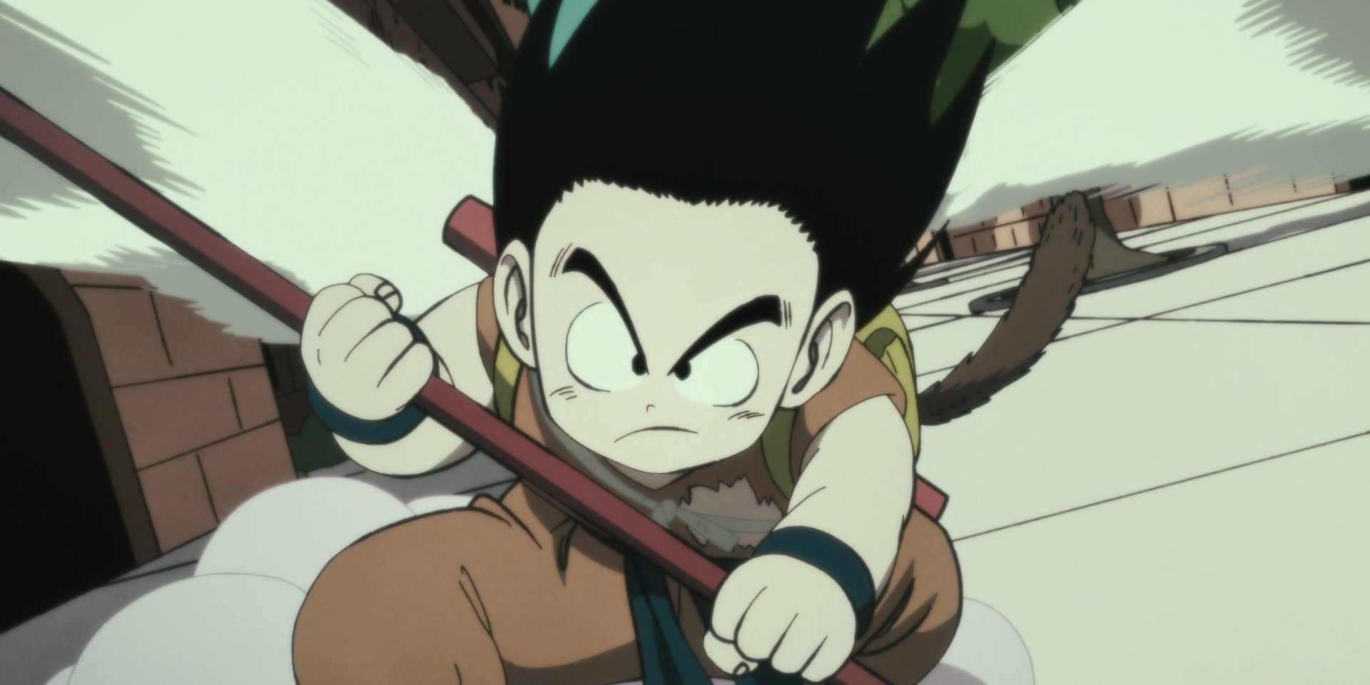 A young Goku taking on the Red Ribbon Army in the opening scene of Dragon Ball Super: Super Hero anime movie. 