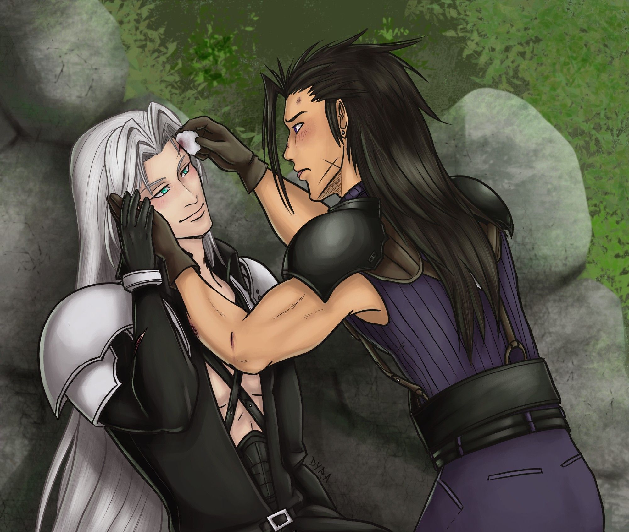 Zack and Sephiroth outdoors, both mildly injured. Sephiroth is sitting against boulders, holding Zack's hand, which is cupping Sephiroth's cheek. Zack dabs at a cut on Sephiroth's forehead with a cotton ball with his other hand. Sephiroth is looking adoringly at Zack. Zack has his tongue out while he tries to focus. Both are blushing.