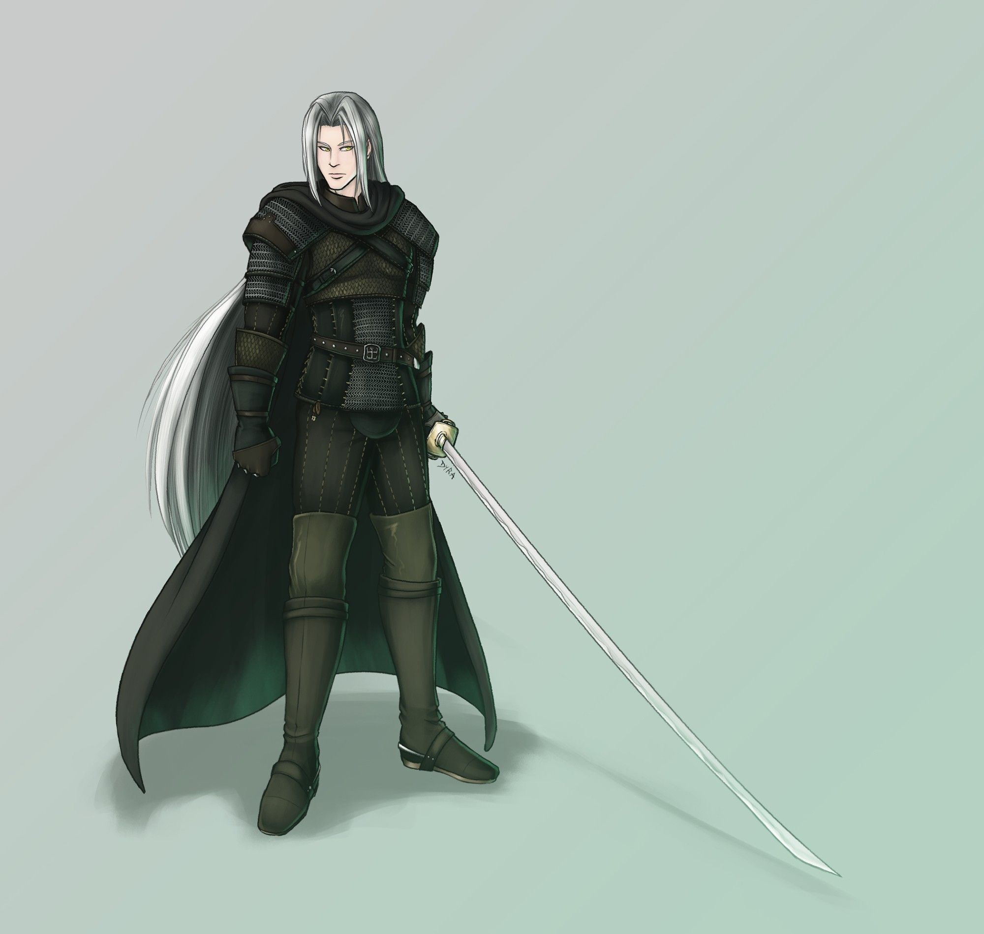 The same image of Sephiroth in the previous tweet, this time with yellow eyes.