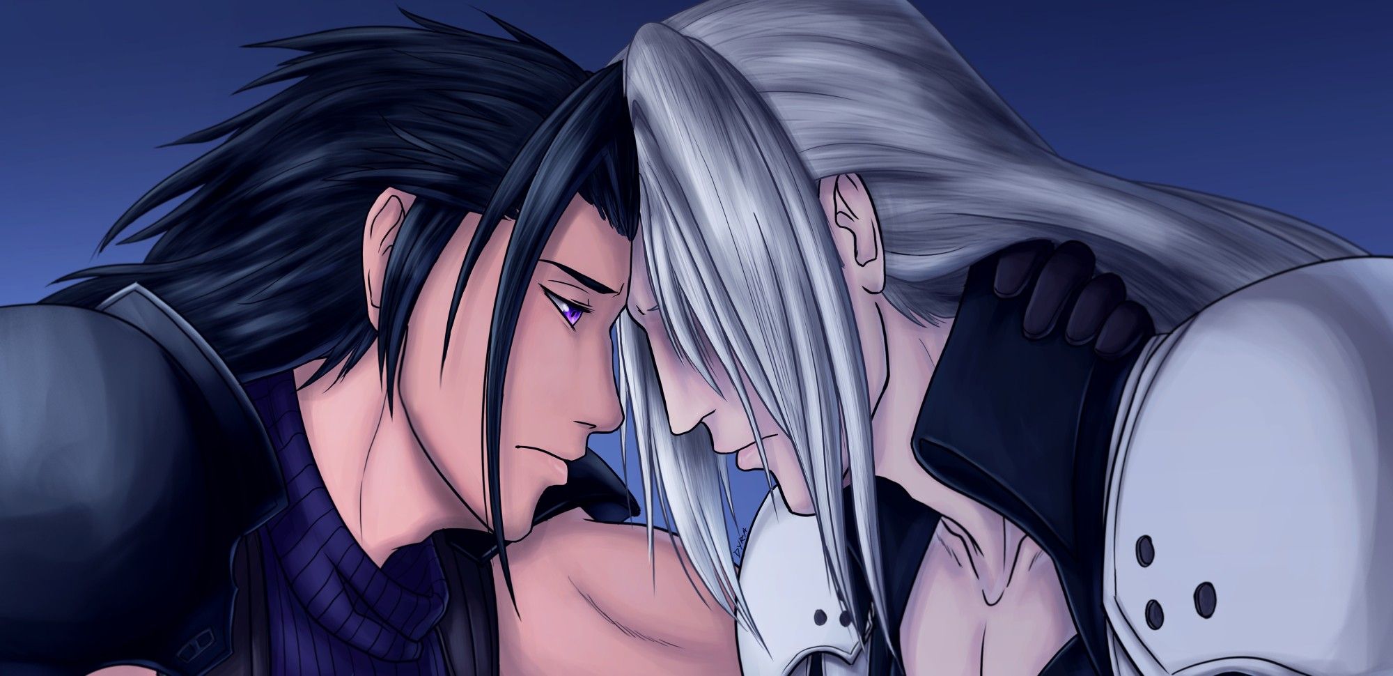 Zack and Sephiroth both looking upset. Sephiroth's expression is hidden by his bangs. Zack looks sadly downward, pulling Sephiroth toward him with one hand on the back of Sephiroth's neck, and pressing their foreheads together.