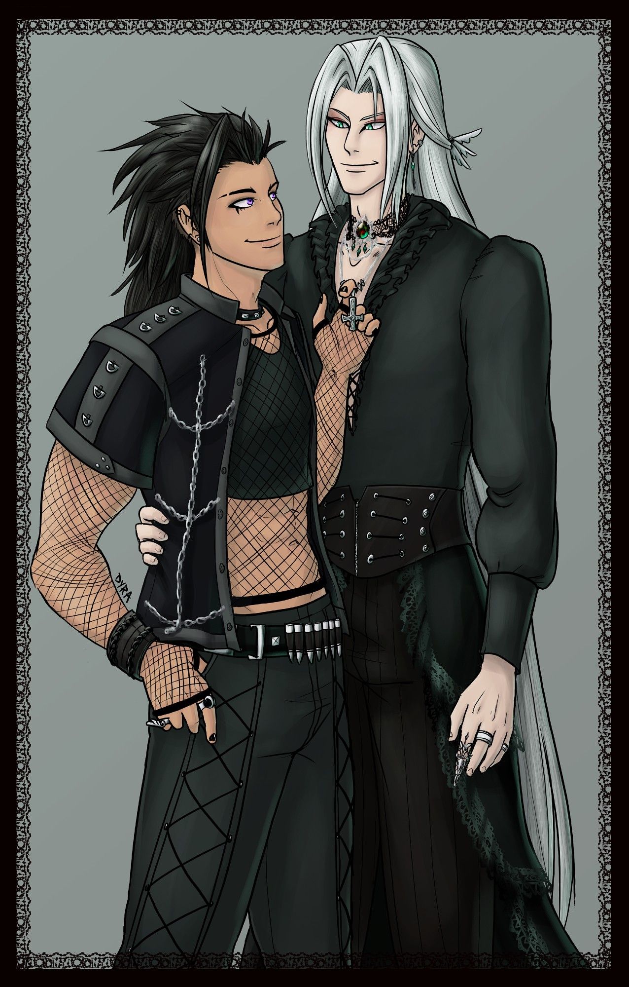 Sephiroth and Zack wearing different styles of black, goth clothing. Zack is wearing a crop top, mesh shirt, and a short-sleeve overshirt with chains on it. His nails are painted black and he has eyeliner and an undercut. Sephiroth is wearing a victorian style outfit, with a deep cut, ruffled shirt, waist belt, and lacey accessories. His eyeliner lengthens the line of his to be more snakelike. He is also wearing an inverted cross on a chain, which Zack is tugging on to draw Sephiroth closer to him.