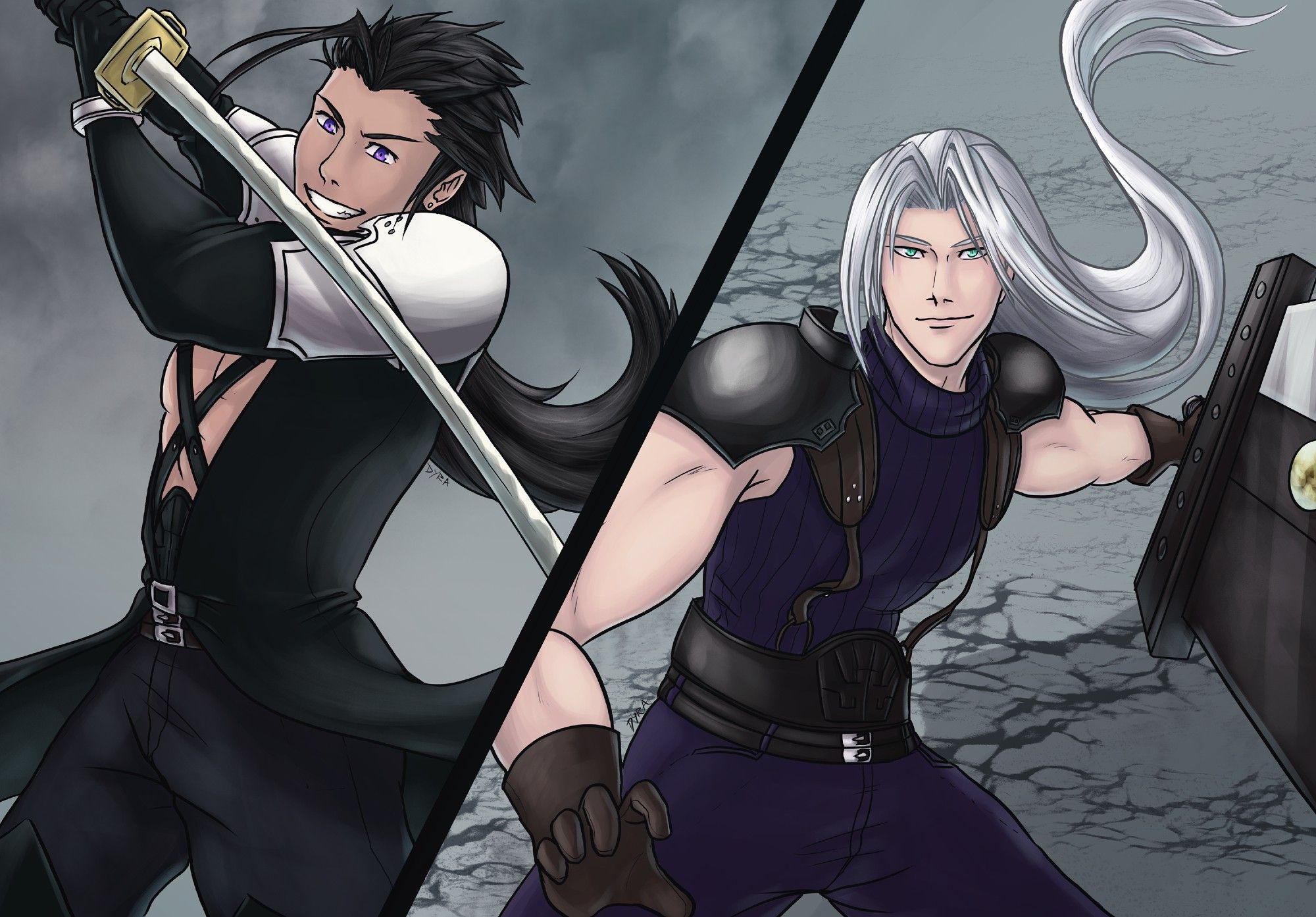 A split screen drawing of Zack and Sephiroth fighting each other. They are dressed in each other's canon outfits, wielding the other's weapons. Zack has Masamune raised and is grinning confidently, and Sephiroth wields the Buster Sword one-handed, also with a confident smile.