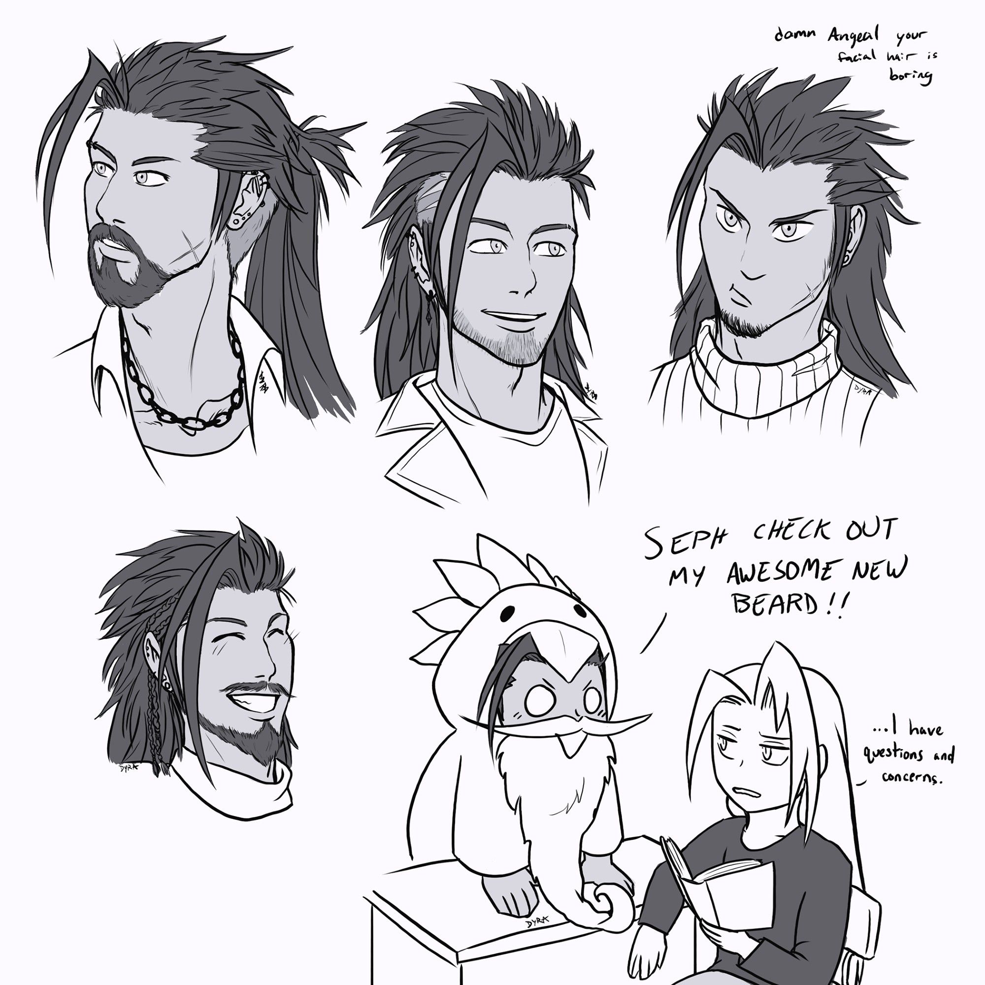 Four drawings of Zack Fair from the shoulders up, sporting four different hair and beard styles. Two have undercuts, one has small braids, and the last has his canon hairstyle. The canon style has Angeal's facial hair, with the words "damn Angeal your facial hair is boring" next to Zack. In the bottom corner is Zack as a chibi in a chocobo suit, with a long white beard and pointy mustache. He is excitedly telling Sephiroth "SEPH CHECK OUT MY AWESOME NEW BEARD." Sephiroth, also in chibi style, looks dubious and replies "...I have questions and concerns."