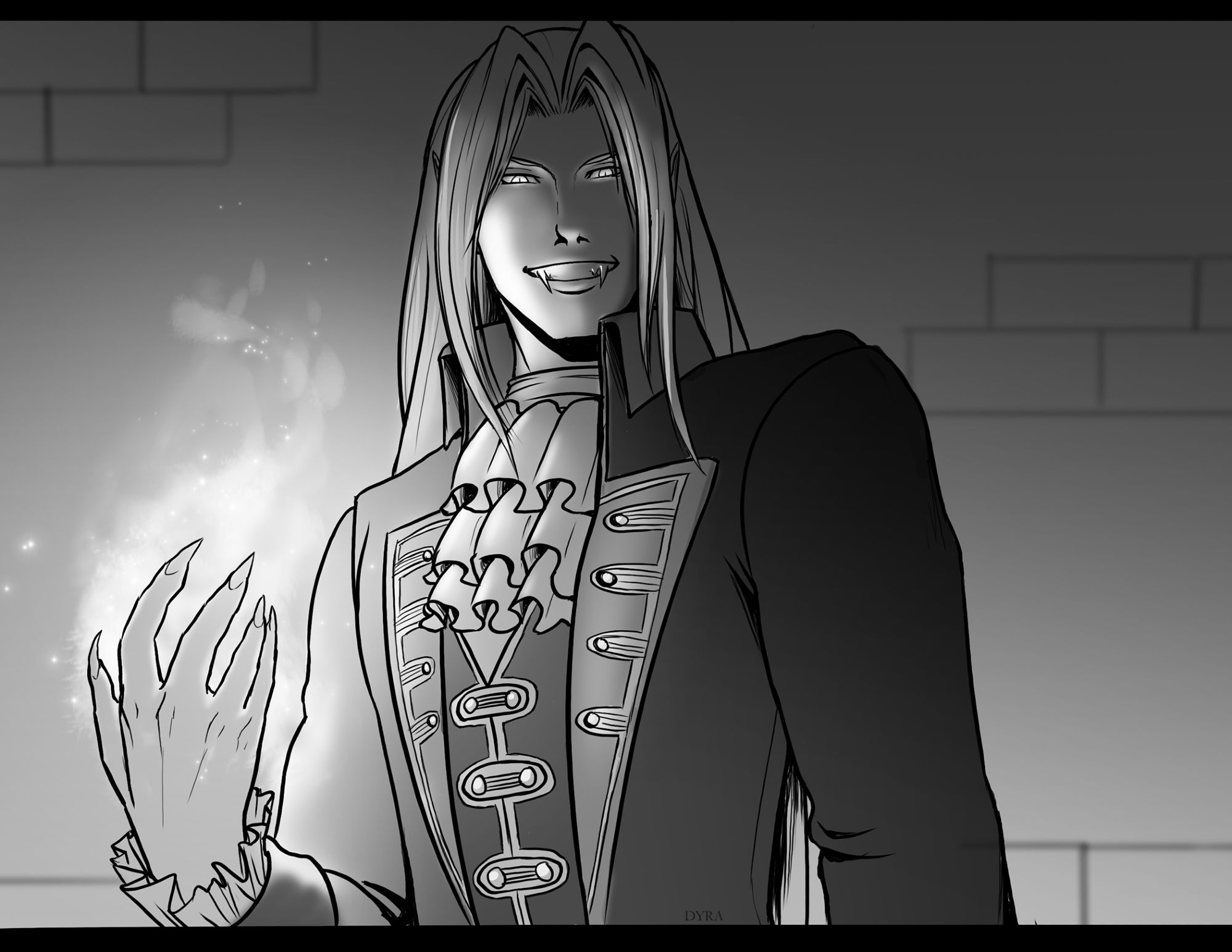 Panel 4: Sephiroth as a vampire, dressed in victorian-esque clothing, grinning menacingly as he uses magic to summon a fireball as a light source.