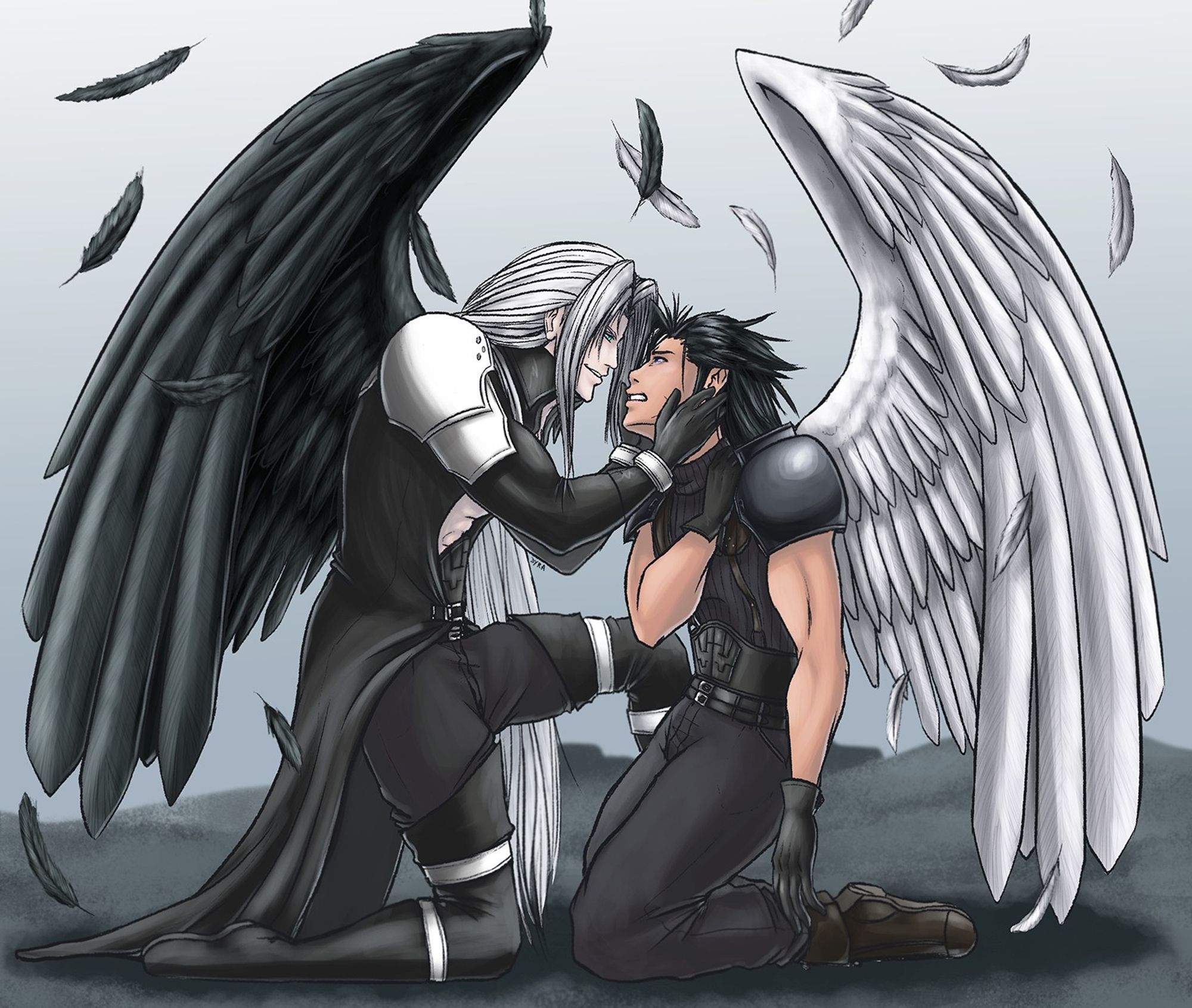 Sephiroth and Zack from Final Fantasy 7 in an open, rocky, foggy area. Zack is on his knees, clutching his shoulder where a large white wing has sprung from his back. He is looking up at Sephiroth in pain. Sephiroth is kneeling in front of him, wearing a cruel smile, his own black wing mirroring Zack's.