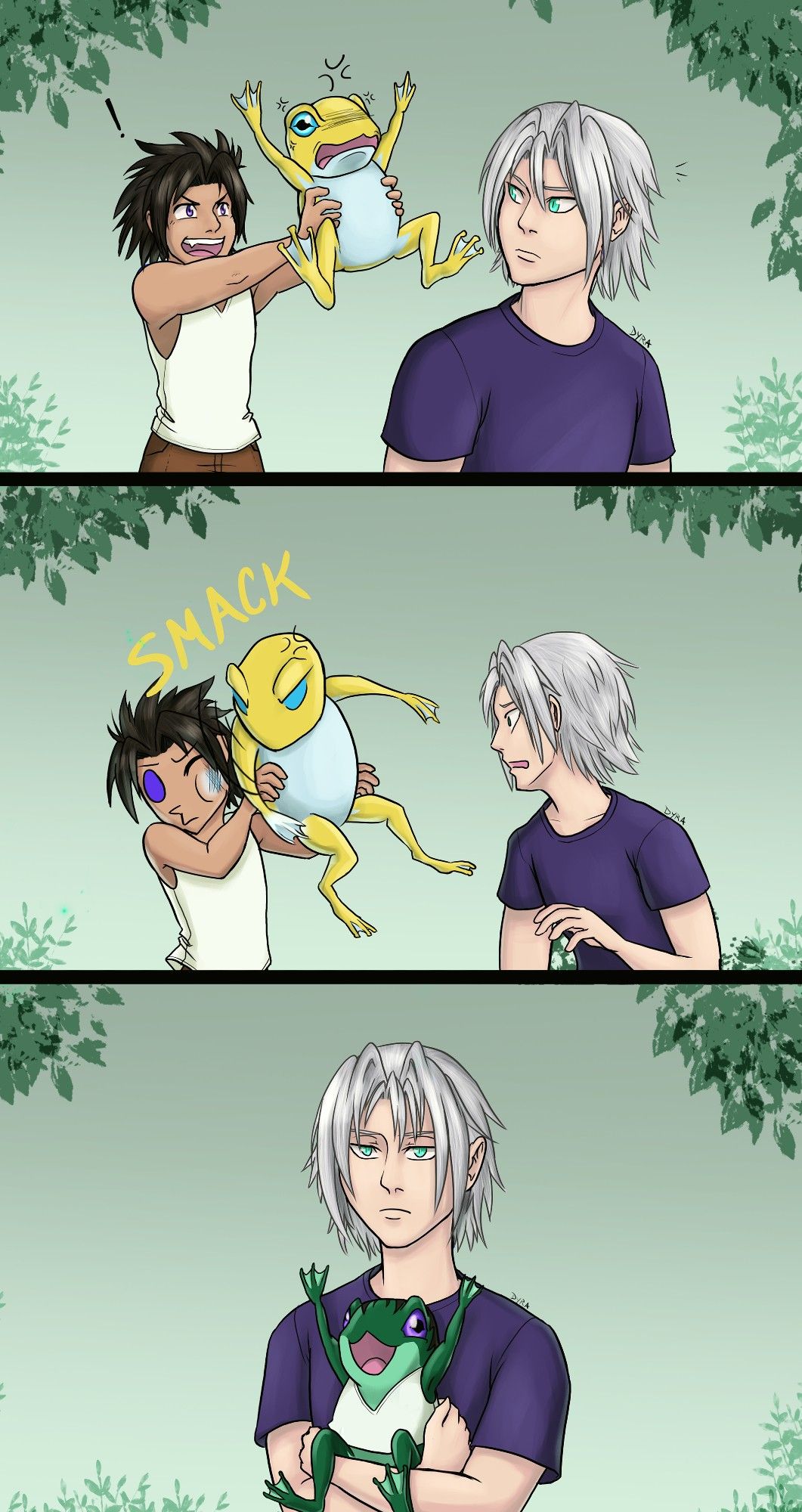 A comic with three panels. Zack and Sephiroth are children in the woods. First panel: Zack getting Sephiroth's attention while holding an angry Amphidex. Second panel: the Amphidex smacks Zack, Sephiroth reaches out to him in concern. Third panel: Sephiroth looks weary as he holds a happy Frog-Zack, who appears perfectly fine with his new Frog status.