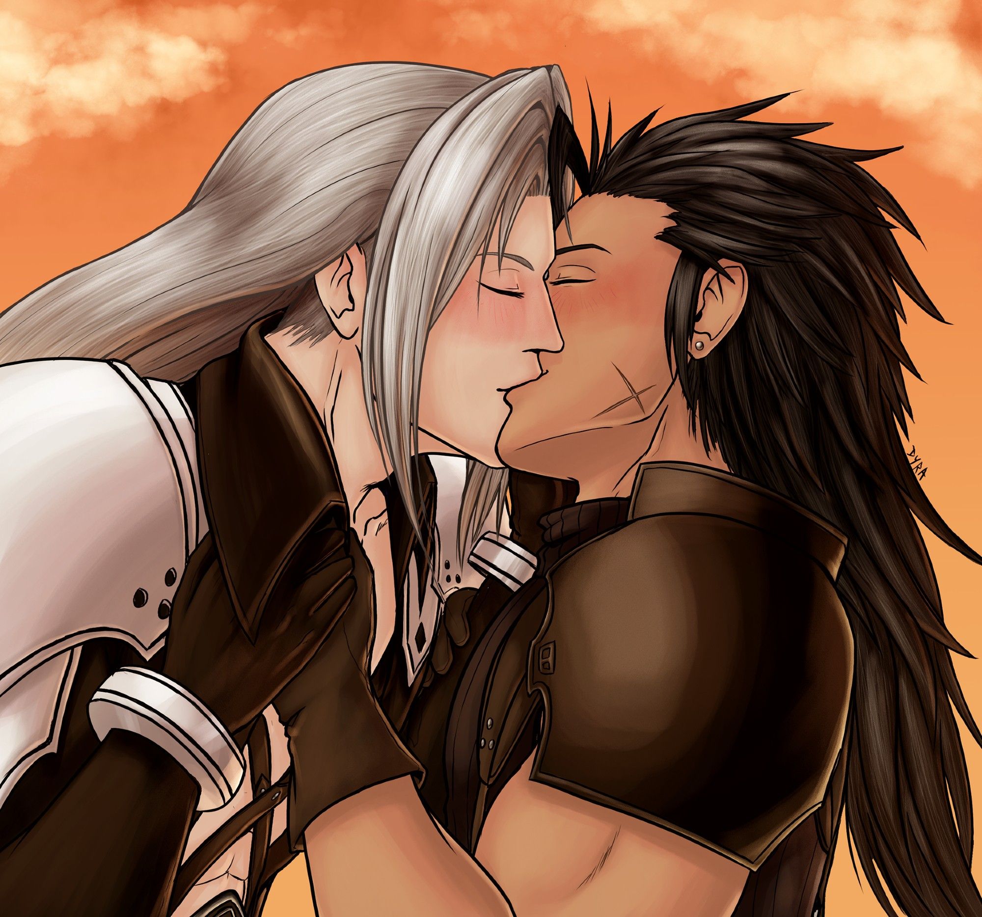 Zack and Sephiroth at sunset. Sephiroth is cupping Zack's cheek with one hand. Zack is pulling Sephiroth by the collar of his coat to bring him in for a kiss.