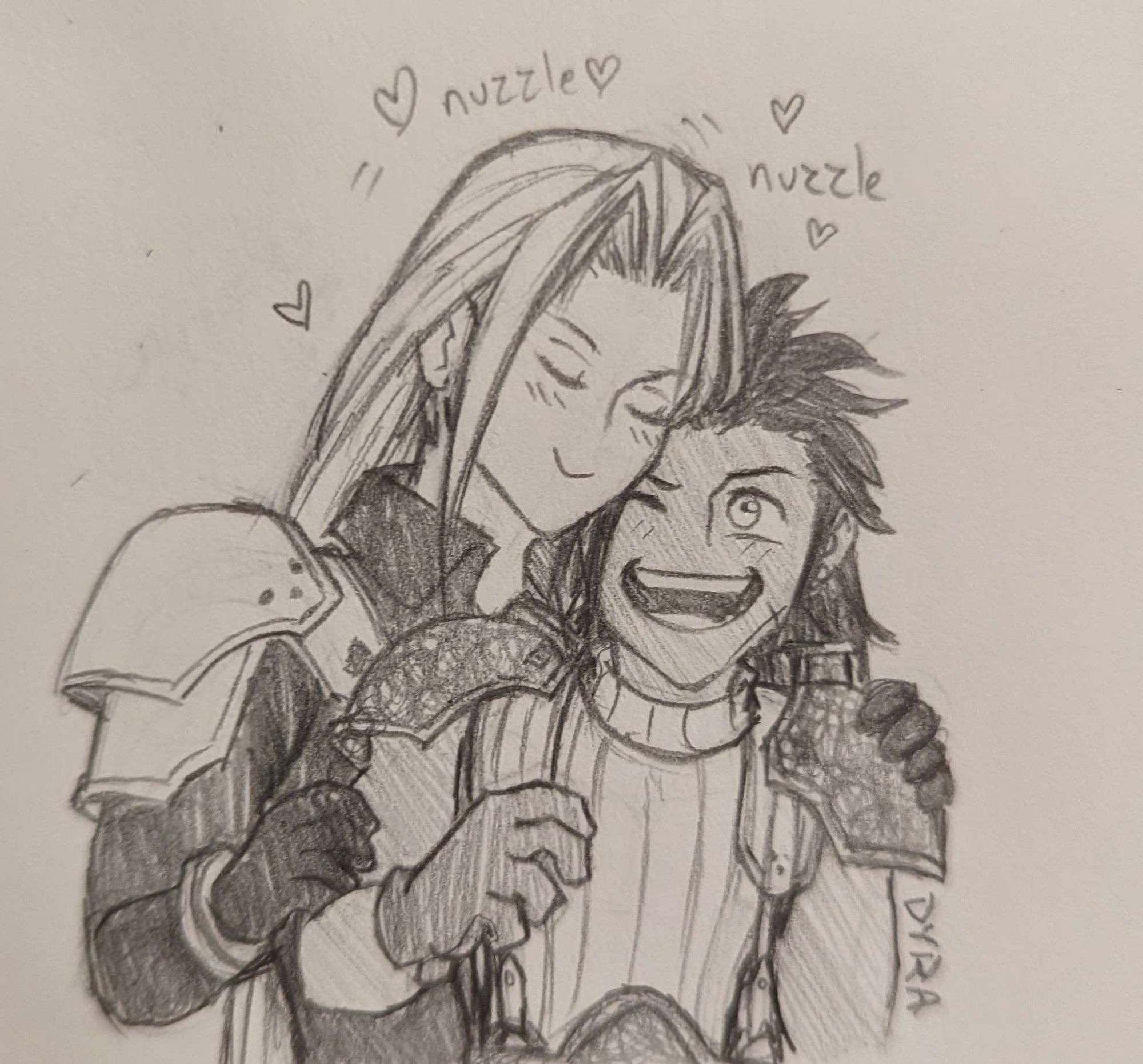 Zack and Sephiroth in a simplified style. Zack is laughing as Sephiroth gently nuzzles Zack's head with his cheek. There are little hearts all around Sephiroth's head.