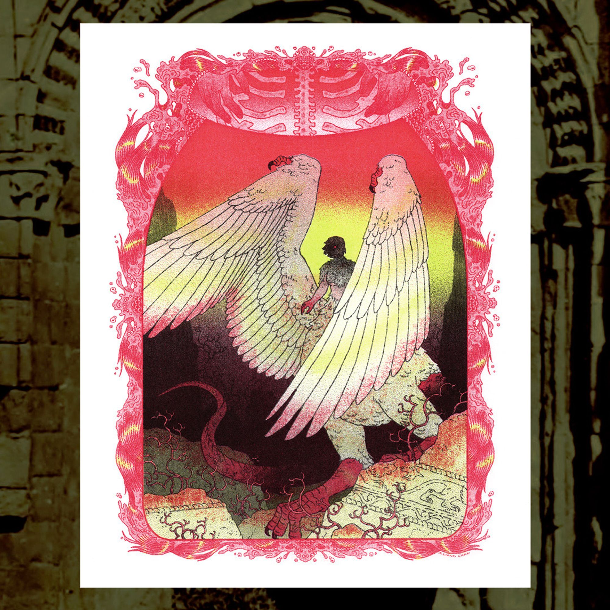 a chimera stands among ruins - the lower body of a red dragon gives way to white feathers, and large white wings frame the upper body of a human, her face in shadows. the scene is framed by a decorative pattern of muscles & blood unwinding, with an upper panel featuring bloodied hands hovering over a ribcage.